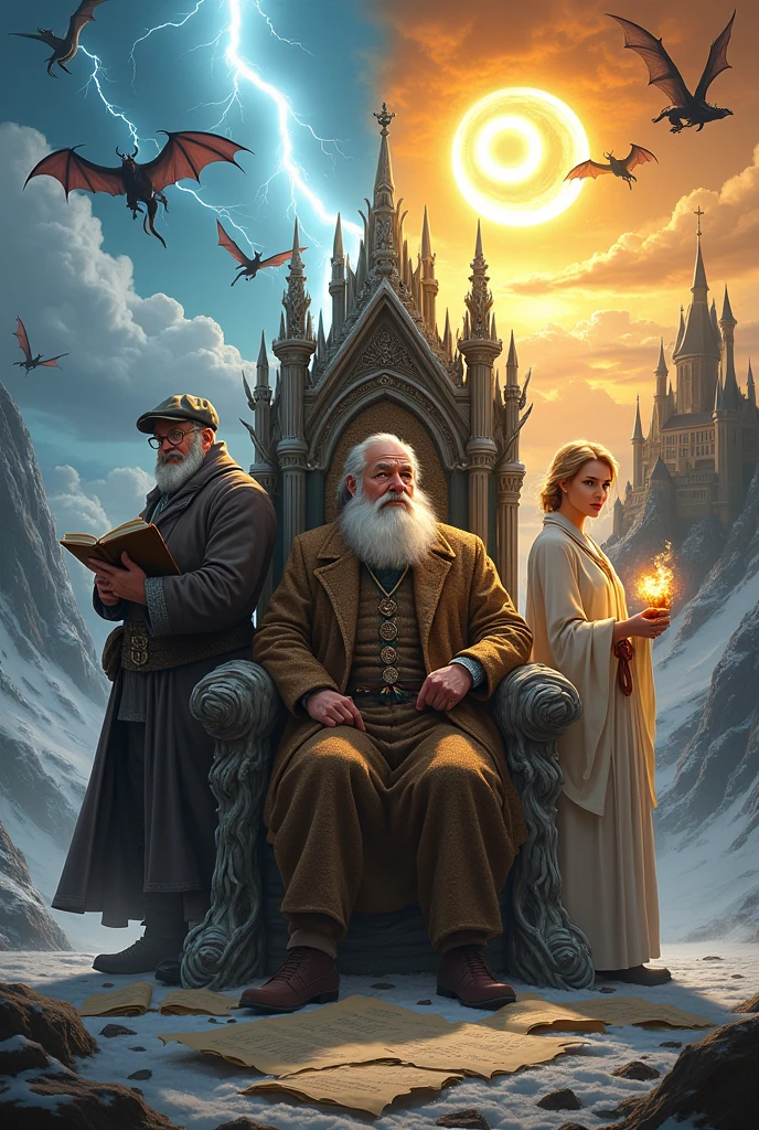 Create a highly detailed vertical fantasy illustration (9:16). On the left, a robust man with a gray beard, round glasses, and a flat cap — inspired by George R. R. Martin — stands in a snowy realm. He wears a medieval-style cloak and holds a leather-bound tome. Above him, dragons fly through a cloudy sky filled with lightning. Jagged cliffs and cold winds complete the dramatic setting.
In the center, an older man with neatly combed hair, no beard, and a calm expression — inspired by J. R. R. Tolkien — sits on a majestic throne made of ancient roots, silver blades, and glowing runes. He wears a classic tweed coat, holds a glowing quill in one hand, and gently smokes a wooden pipe in the other. Behind him, misty mountains stretch into the distance, illuminated by a golden sun shaped like a ring, casting radiant light across the throne and valley.
On the right, a poised woman with golden-blonde hair — inspired by J. K. Rowling — stands tall, wearing an elegant cloak dotted with star-like patterns. She holds a glowing wand-shaped pen, and behind her rises a gothic castle on a hill with tall towers and arched windows. Scrolls and parchment float around her, animated by swirling magical energy.
The background blends the three realms: icy and stormy on the left, golden and serene in the center, and magical and celestial on the right. The image features cinematic lighting, ultra-detailed textures, rich fantasy colors, and a semi-realistic digital painting style. Perfect for a fantasy tribute or TikTok video cover.