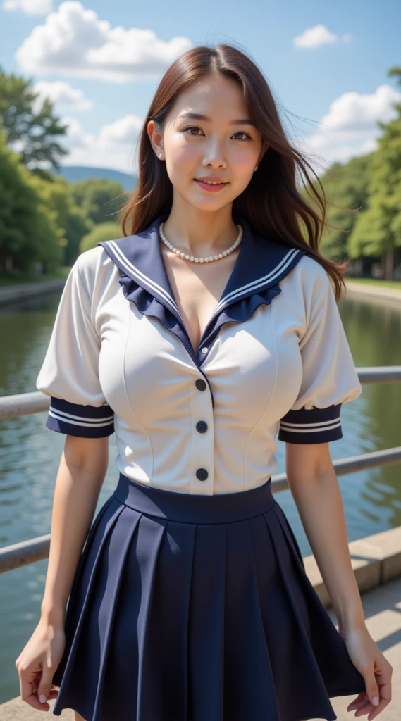 (8k、Raw photography、highest quality、masterpiece:1.2),(Black-haired、Very short hair:1.8),(ponytail:1.3)、View Audience,Viewed from the front,White skin,(The upper body is a light blue sailor suit:1.7)、()、(Clothes that accentuate the shape of the :1.0)、(Big BreSlim figure、Ultigh resolution,beautiful,beautiful fece,(one person、No background:1.9),whole bodyボディー,Japanese women,(Realistic:1.37)、Photon Mapping,reality、(Baby-faced and cute: 1.6)、(Cute Smile: 1.8)、(round face: 1.8)、Radio City、Physically Based Rendering、Depth of field rally background、photograph, (I can see your knees、Cute patterned white panties、Thigh close-up:1.4),whole body、Super quality
