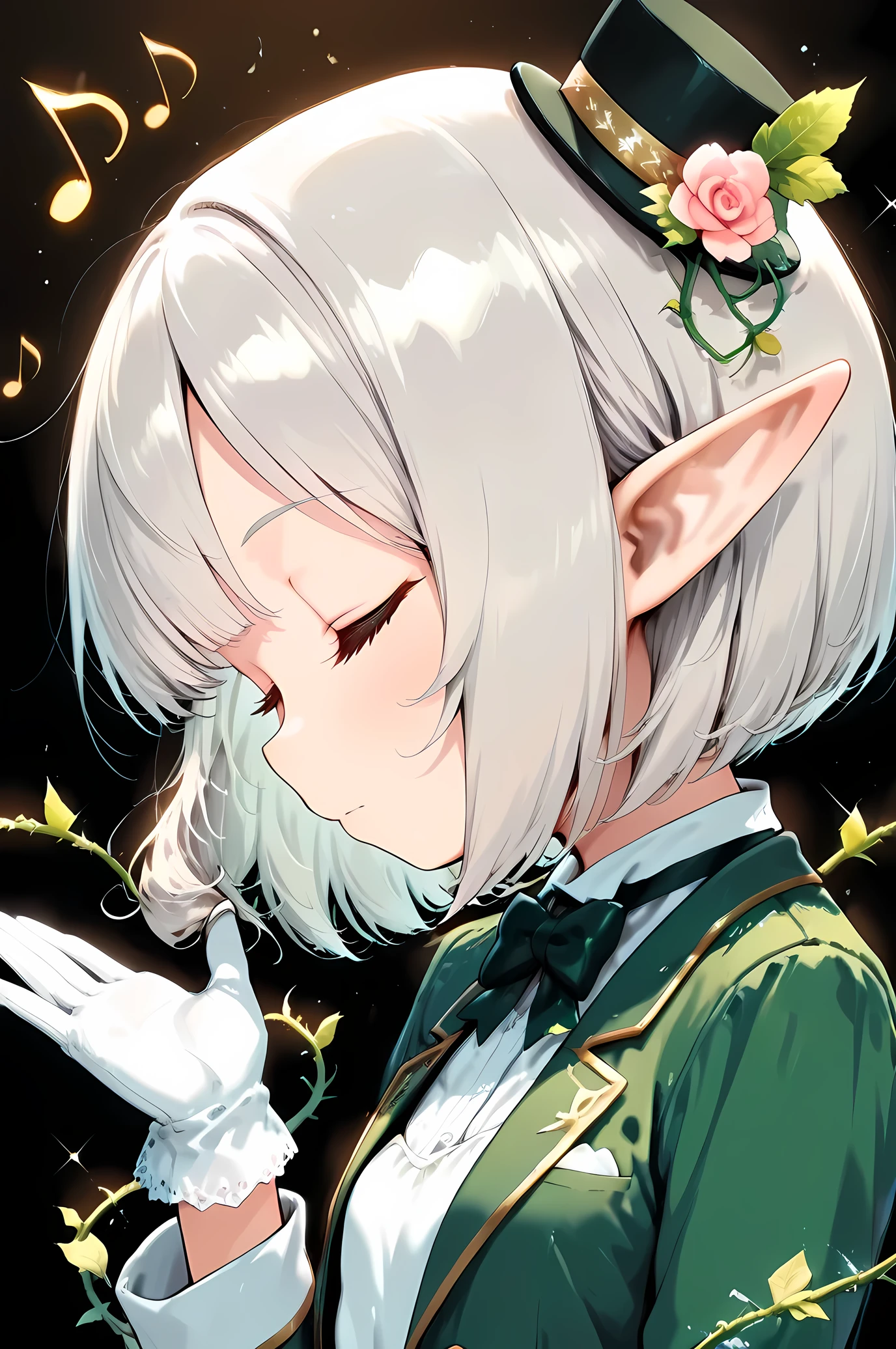 ((black simple background, directing the music, sparkling notes, multiple notes, swirling notes)), face focus, from side, (solo, 1girl, elf, silver hair, bob cut, closed eyes, pointed ear), (((, thin, petite, short, beautiful hand))), (minihat, green tuxedo, bow tie, white gloves), ((swirling vines)), Ivy swirling on hand, one hand up, cute face, tareme, eyelashes, determined