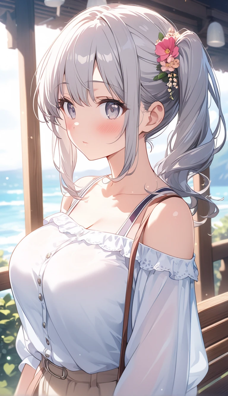high qualiy, work of art, super verbose, 1 名Kizi, extremely detailed faces,fox ears, long messy blue hair,twin-tail,pink eyes,Taking care of students,Kizi ,White sports shortswhite short sleeves,Clothes soaked with sweat,Place your hands on your chest,Bright meadow,wilderness,beautiful ass, big breasts, slim, perfectbody