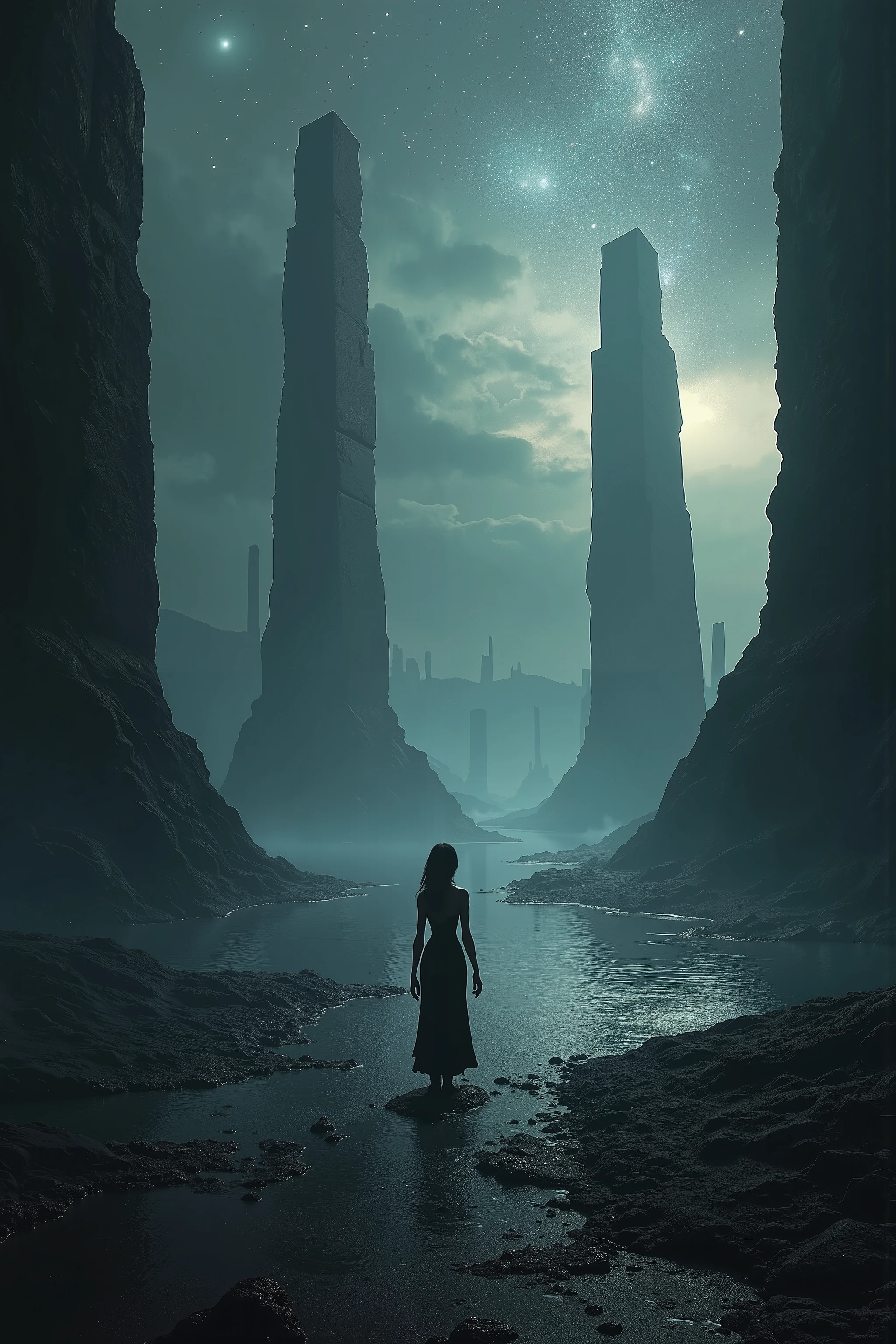 woman, Panoramic shot, you can see everything, the pyramids are partially flooded, a beautiful and creepy world in which you want to stay, calling to yourself every night, An ancient alien world, scattered stars, nebulae and galaxies are visible in the sky, huge black pyramids towering over the landscape, black sand, the sea next to the pyramids, photography in full height, the whole body is visible, (pyramids of black obsidian:1.1), rays of light, light graphics, sacred geometry, surreal futurism, breathtaking full-length view, fine details, perfect lighting, (best shadow), A cinematic composition with bright colors and exquisite details, realistic lighting using a special light source that conveys the atmosphere. atmosphere. the intrigue and beauty of the night world, eerie and otherworldly mood, a sense of hidden mystery and danger in the shadows, ray tracing, 16K, UHD, masterpiece, award-winning, hyperrealism and high dynamic range, (HDR), realistic lighting, unforgettable, impressive, breathtaking beauty, epic mysterious scene, intricate details, the mood is creepy and otherworldly, with a sense of mystery and danger. A photograph of a dark and disturbing scenario influenced by the works of H.R. Giger and H.F. Lovecraft is a disturbing work of art, the landscape is dotted with black rocks, grotesque fantasies of H.R. Giger.