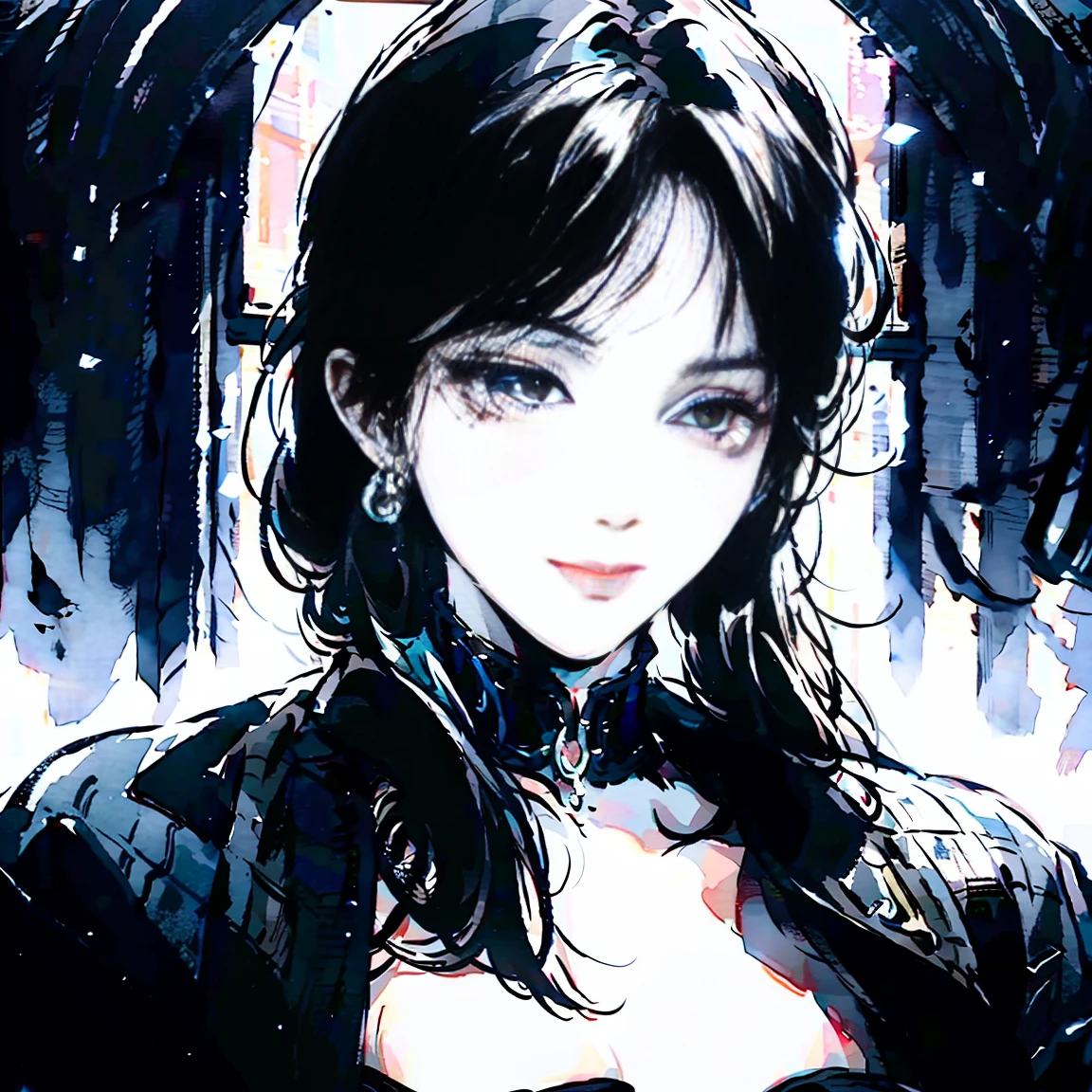 best quality, masterpiece,Black hair, blue eyes, looking up, upper body
