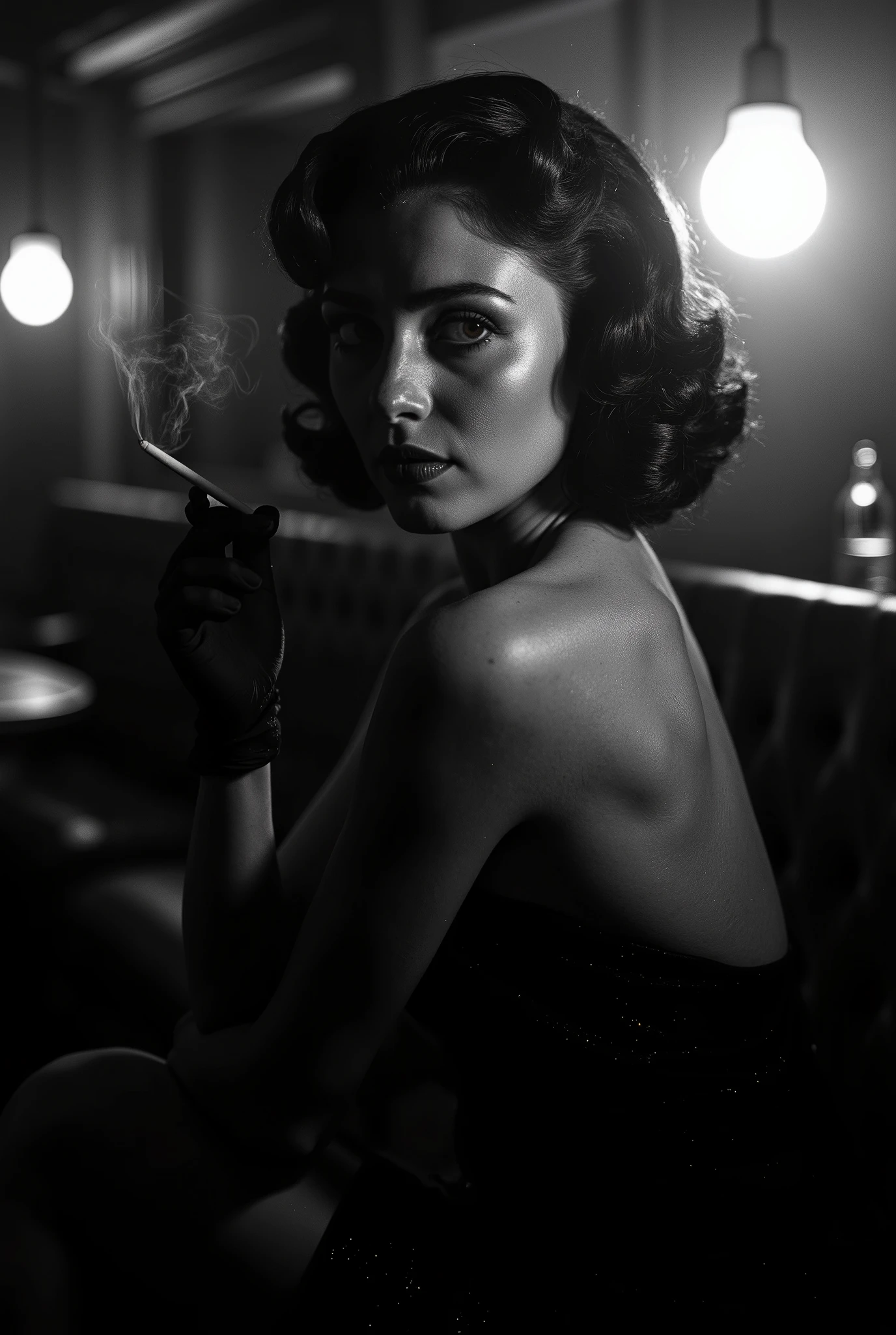A dramatic black-and-white cinematic portrait of a glamorous 1940s woman seated in a smoky nightclub. She wears an elegant vintage evening gown and gloves, with classic curled hair framing her face. Her head tilts slightly forward as she gazes directly at the viewer, eyes wide open with irises positioned at the very top—an intense, seductive expression that hints at danger and intrigue. A slender cigarette holder rests between her fingers, delicate tendrils of smoke rising from it. A soft light from behind creates a glowing halo along her hair and shoulders, while her face remains half in shadow, evoking a perfect film noir aesthetic.
