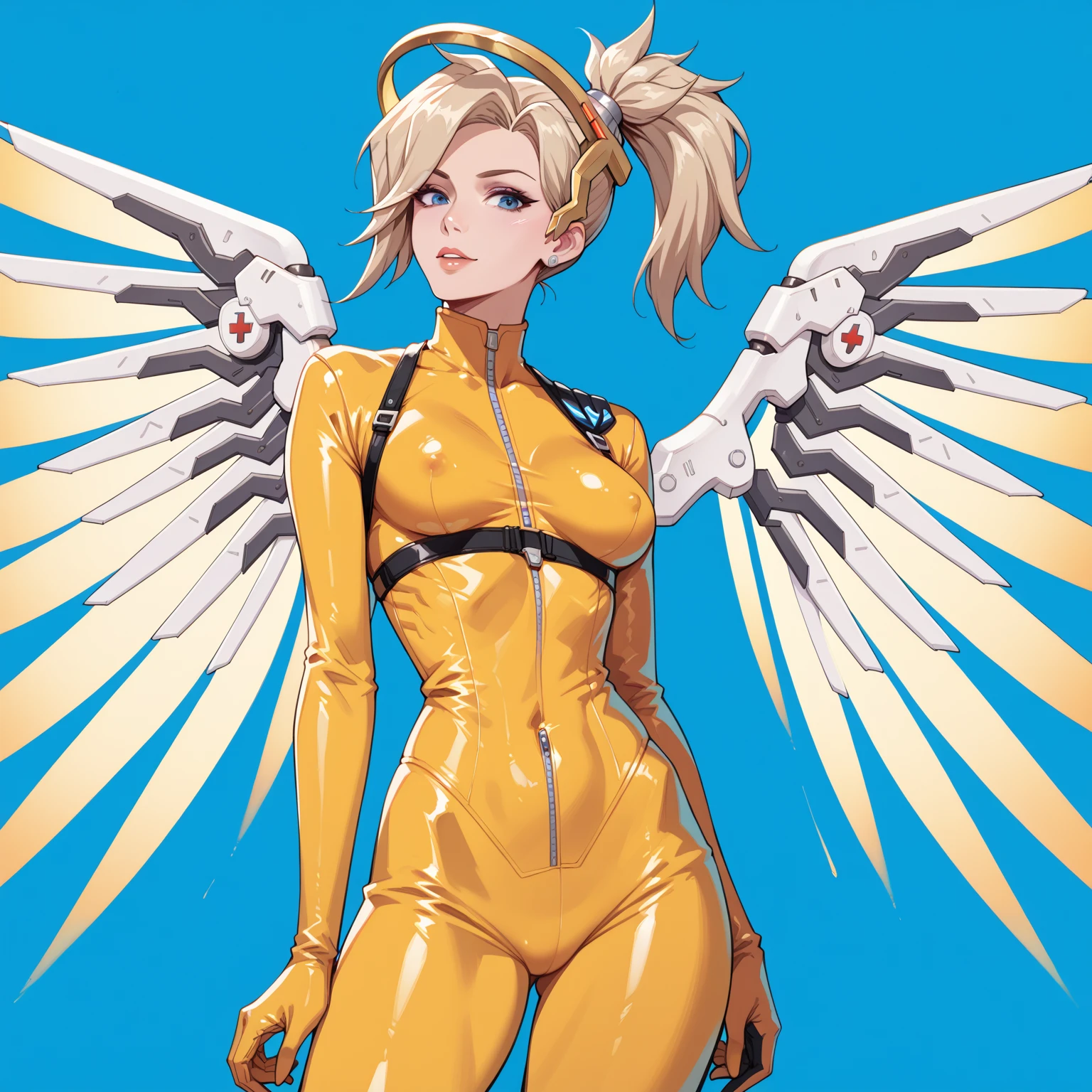 Mercy in the style of xmtas1992, cartoon, flat colours, gorgeous, long hair, <lora:xmtas1992:0.85>, <lora:mercy:0.7> , high ponytail, bodysuit, mechanical wings