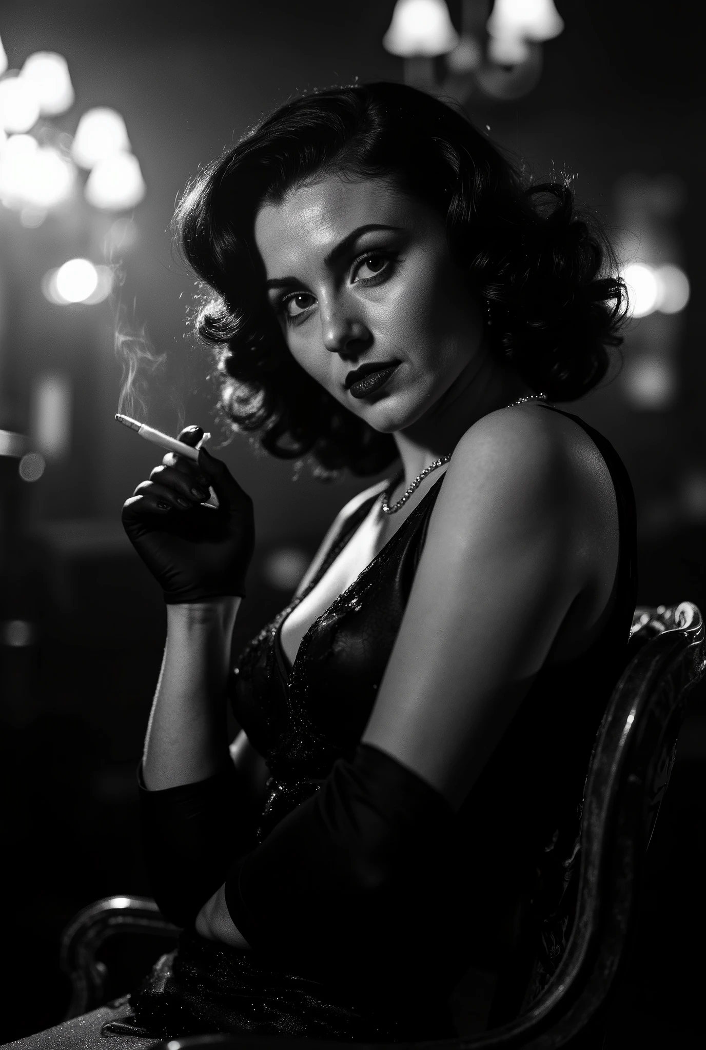 A dramatic black-and-white cinematic portrait of a glamorous 1940s woman seated in a smoky nightclub. She wears an elegant vintage evening gown and gloves, with classic curled hair framing her face. Her head tilts slightly forward as she gazes directly at the viewer, eyes wide open with irises positioned at the very top—an intense, seductive expression that hints at danger and intrigue. A slender cigarette holder rests between her fingers, delicate tendrils of smoke rising from it. A soft light from behind creates a glowing halo along her hair and shoulders, while her face remains half in shadow, evoking a perfect film noir aesthetic.