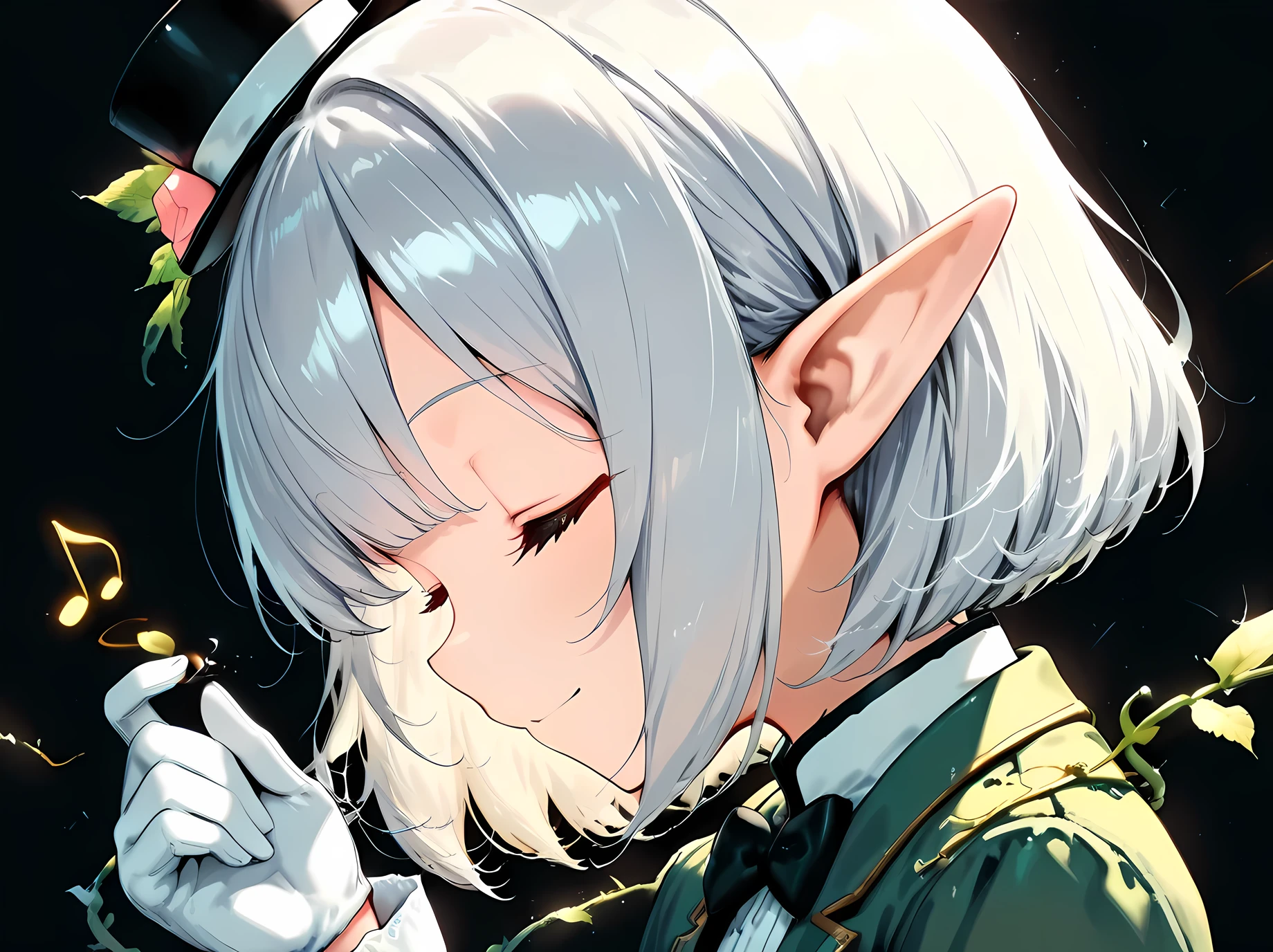 ((black simple background, directing the music, sparkling notes, multiple notes, swirling notes)), face focus, from side, (solo, 1girl, elf, silver hair, bob cut, closed eyes, pointed ear), (((, thin, petite, short, beautiful hand))), (minihat, green tuxedo, bow tie, white gloves), ((swirling vines)), Ivy swirling on hand, one hand up, cute face, tareme, eyelashes, smile