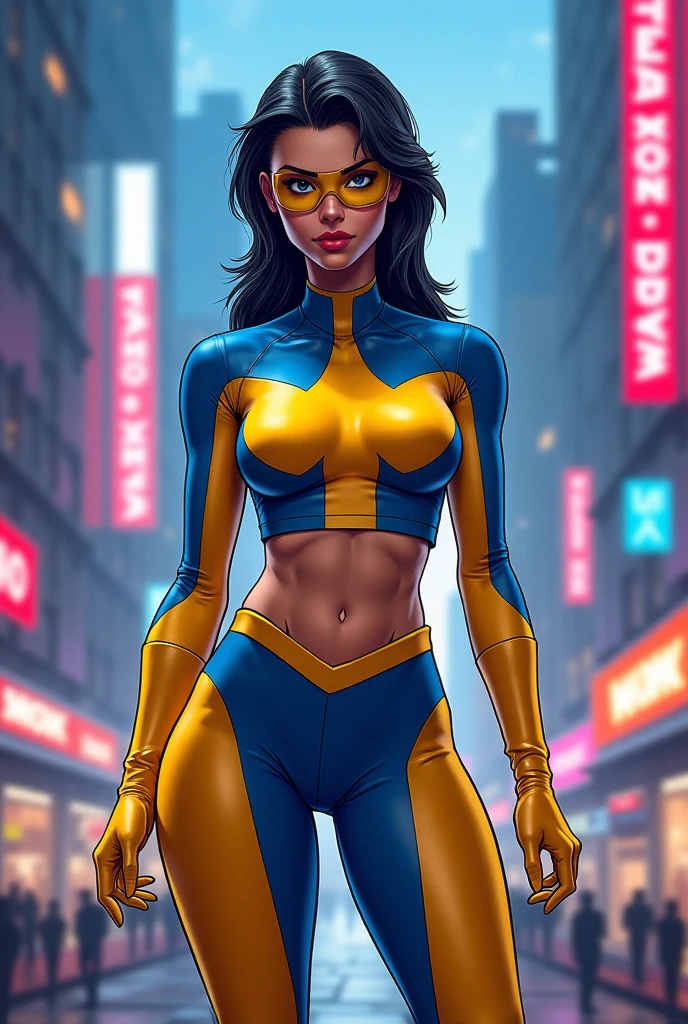 ((masterpiece)),(((best quality))),((character design sheet)), ((full body view)) illustration,1girl, muscular, ((blue and gold bodysuit:1.6)), (masked over eyes:1.6) (gold and black color palette:1.4) superhero, (black ponytail:1.4), (puffy lips:1.6) (black cape:1.4) beautiful woman, (small breasts:1.3)(black legs:1.3)shiny skin, (gold emblem on chest:1.2),scribbles and marks, rough sketches, pose, 8k,16k, (simple background, white background: 1.3)(gigantic breasts:1.0)