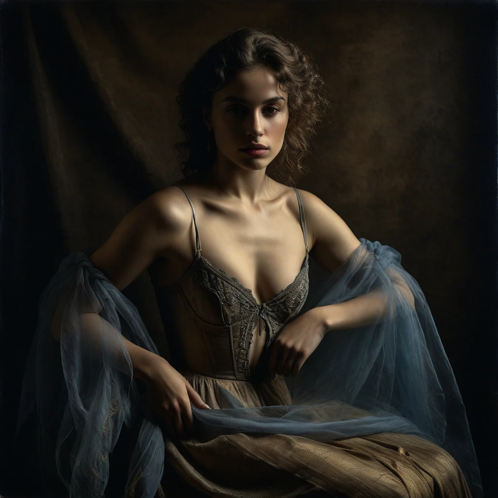 In a captivating exhibition of classical Italian art, a mature woman of stunning beauty, with a splendid figure and fair complexion, kneeling, She dresses in two pieces of transparent fabrics that reveal her voluptuous curves. Broken clothes covered by transparent cups , they reveal a deep cleavage, This exquisite portrait, similar to a Jan Saudek Style Photograph, shows the attractive features of women with grace and charm. The background in a warm colored bedroom interior , ochre and bluish gray. Detailed brushstrokes enhance the delicate textures of her attire and the softness of her skin, creating a fascinating, high-quality image, timeless and captivating. The combination of realistic textures with dreamlike elements creates a sense of mystery, transcendence and an invitation to travel into the unknown and create a visual masterpiece of great quality and captivating beauty, In a Bluish World of Dreams , and with many details, magical realism, Canon eos 5d mark 4 , lighting by Rembrandt. (dark realism 0,5 stat 1 int 1)