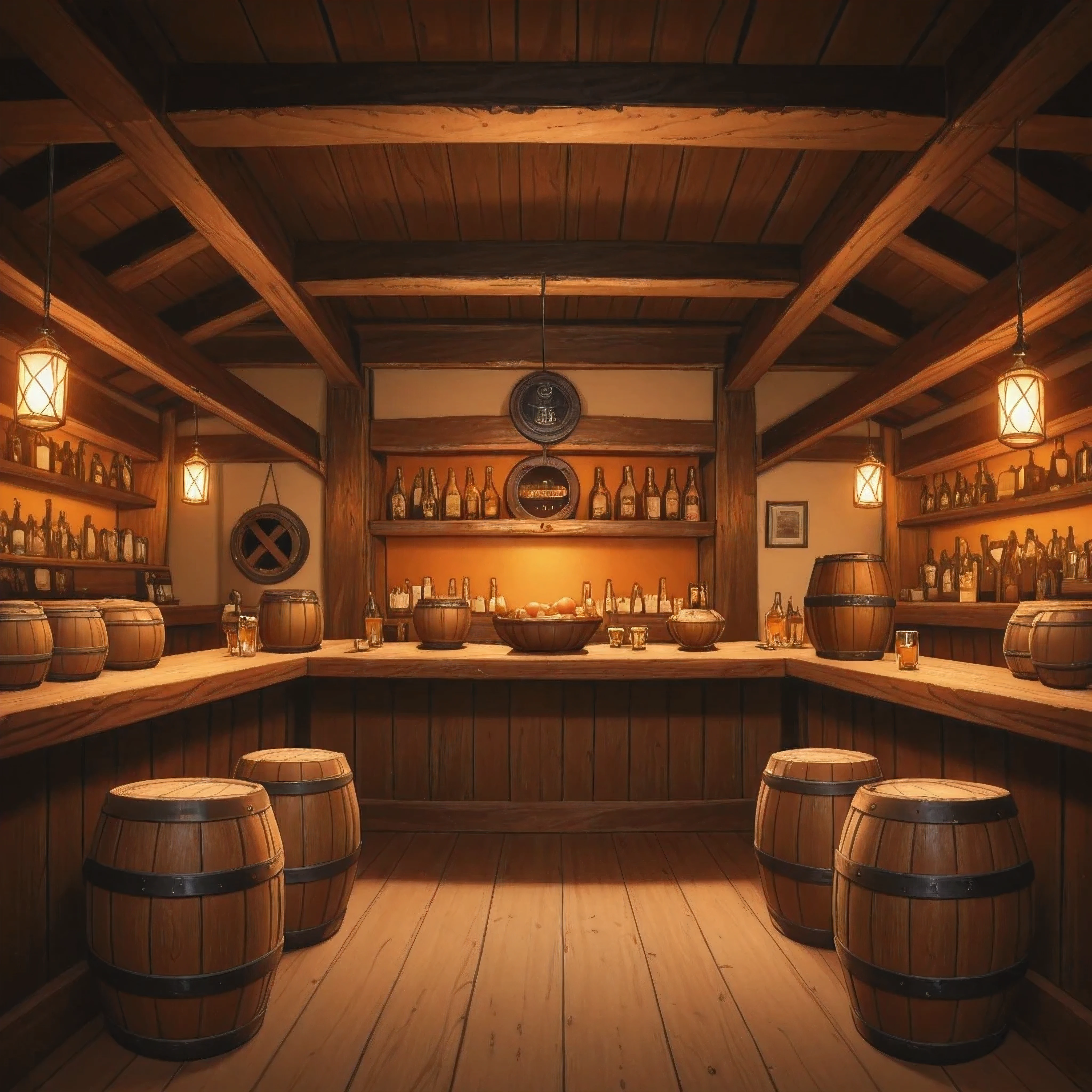 a large and spacious tavern, panoramic view from the front, with a bar, a table and chairs, a barrel in front of the counter, orange-brown color tone, warm colors, high quality image, 8k, cinematic, cartoon style