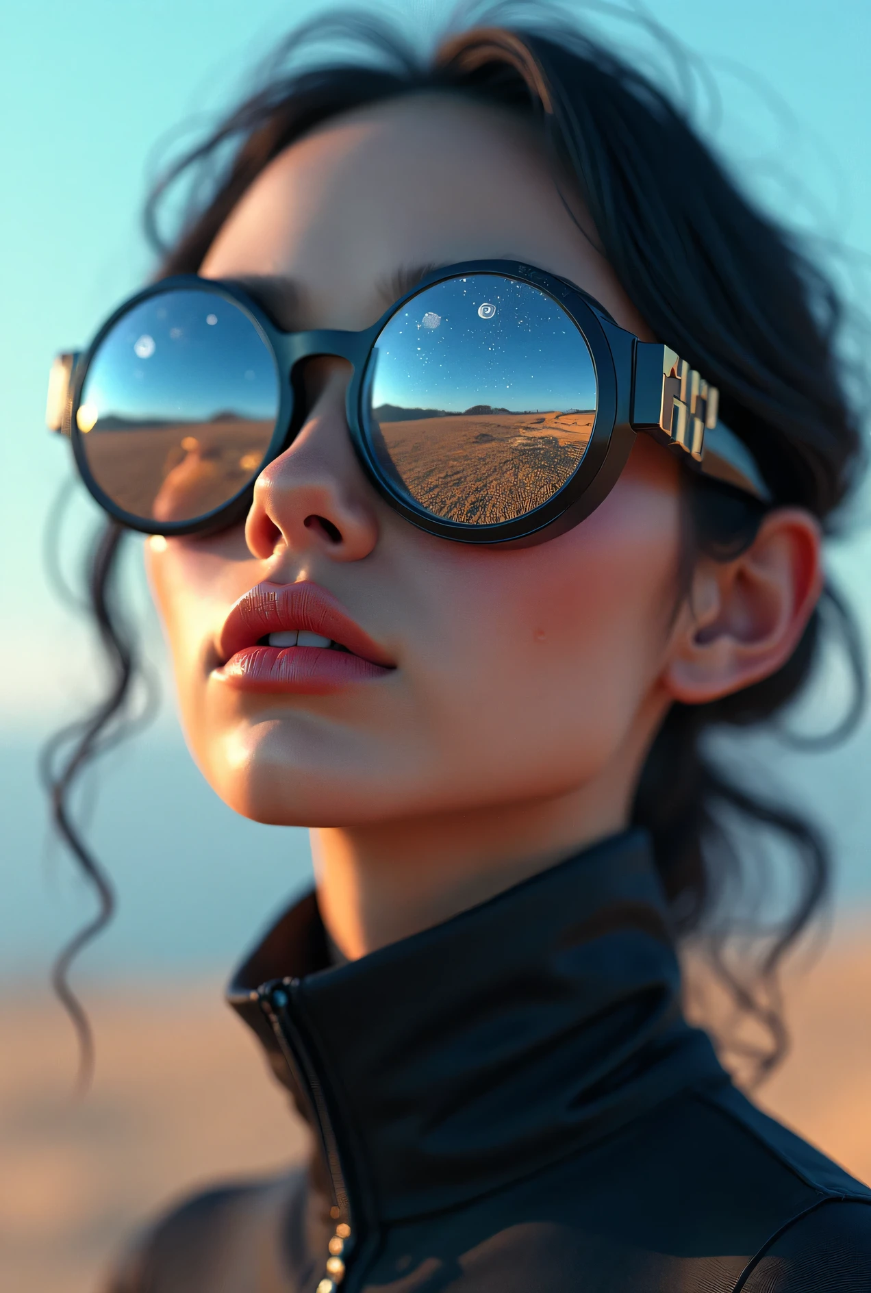 The model is wearing glass sunglasses with stars and the moon on the glass