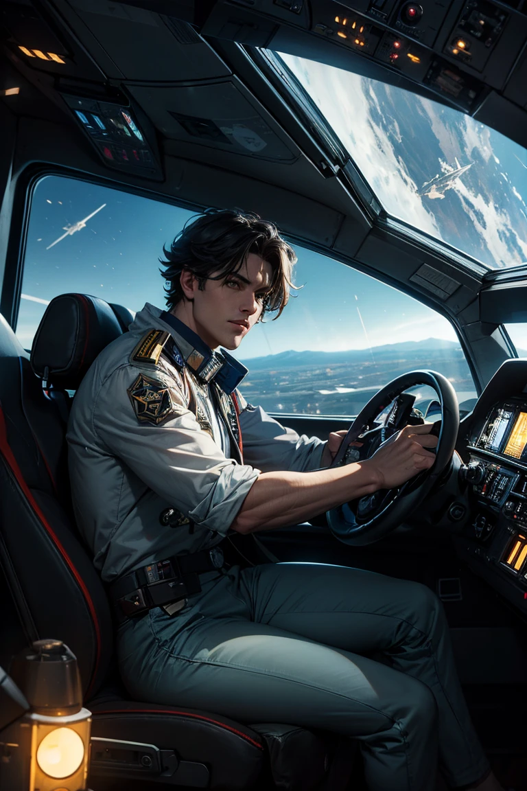 He's in the cockpit of a starfighter, he's fighting an enemy fighter in the asteroid belt 