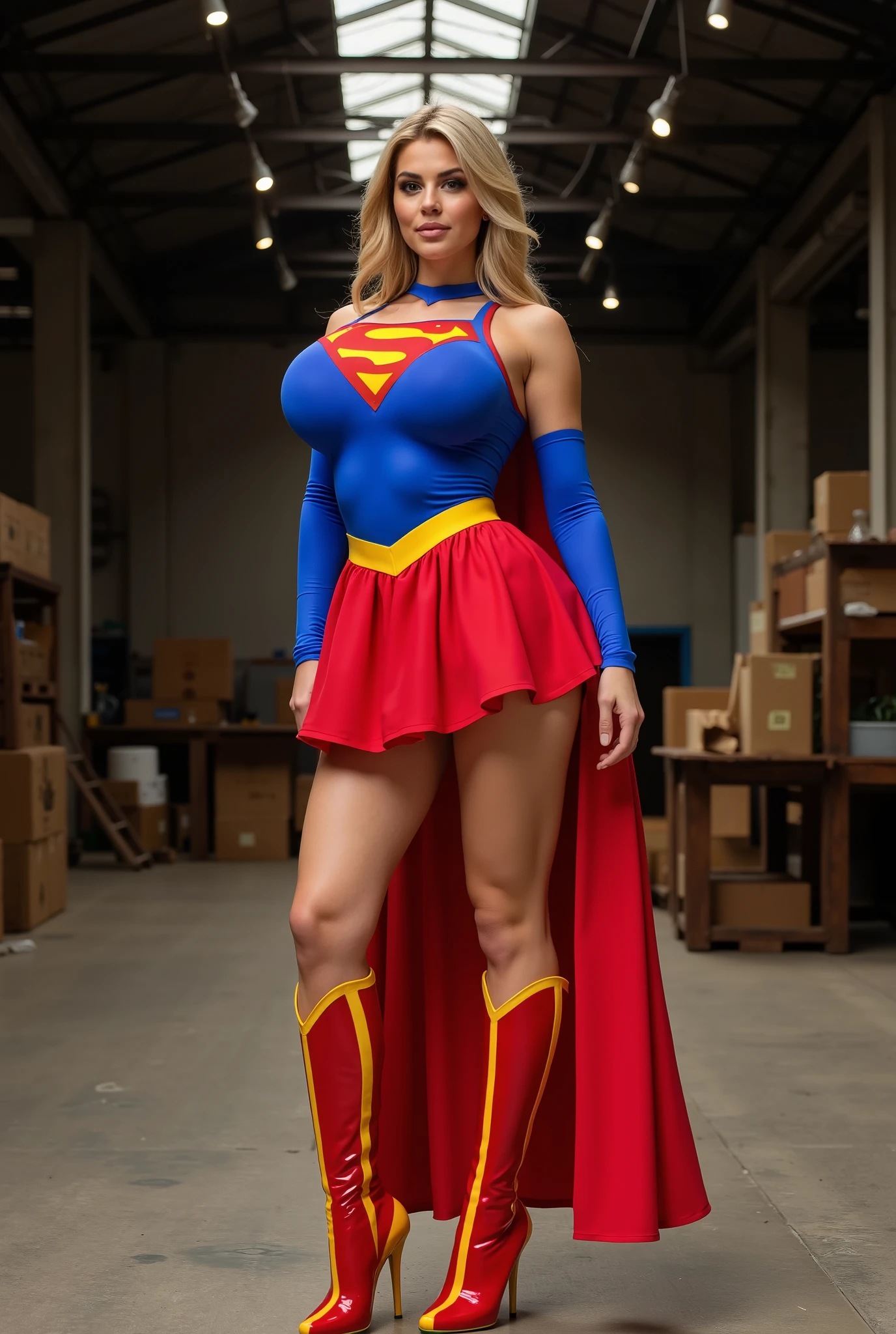 Create a masterpiece sexy portfolio image of Cory Chase dressed in a 1980’s Supergirl Costume that is skin tight to her body like it is glued on. The superman logo on her chest has stretch marks in the fabric because of the size of her breasts. She is standing in an old industrial building with spot lights casting light down on her. The costume covers her breasts.  Red skirt with pleats. Red glossy underwear. Red and yellow latex boots with sitelttos.
