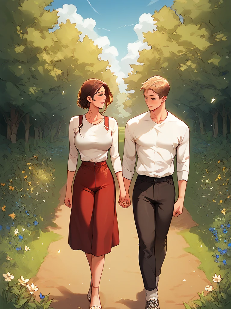 Mother and son walking each other hold hands, woman wearing Red clothes and boy white shirt and pants, near flowers,