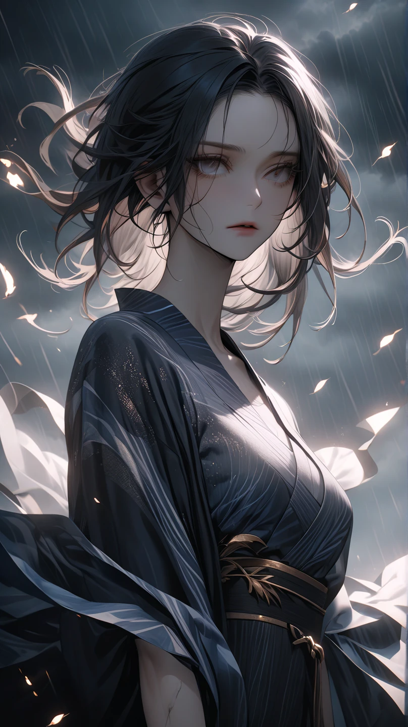 (Best, highest quality, final resolution, high resolution, photorealistic, raw photo, infinitely detailed CG integrated 8k wallpaper) Aspect ratio 9:16
 beautiful Japanese woman
"A breathtakingly beautiful Japanese woman in a hyper-realistic style, with porcelain skin, almond-shaped dark brown eyes, and long flowing black hair with subtle blue highlights. She is wearing a modern, sheer kimono-inspired dress that flutters in the wind. Captured in a low-angle, dramatic cinematic shot — the camera looks up at her against a stormy twilight sky. Her expression is calm yet powerful, like a goddess descending to Earth. The lighting is moody and atmospheric, with glowing accents reflecting off her silky skin. Realistic textures, dynamic composition, bold and elegant, Instagram-viral visual impact."