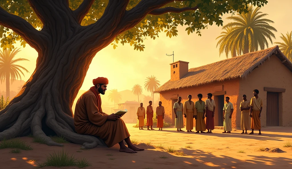 
Digital Painting with Semi-Realistic Illustration, final poetic image — Hasan with a group of villagers under a tree, ren listening to his story. Warm light on his face. A clear visual of legacy, inspiration, and divine trust.comic book illustrator with defined lines and shaded areas
 Semi realistic character  south asian men
Mud brick village house rustic hut palm trees

