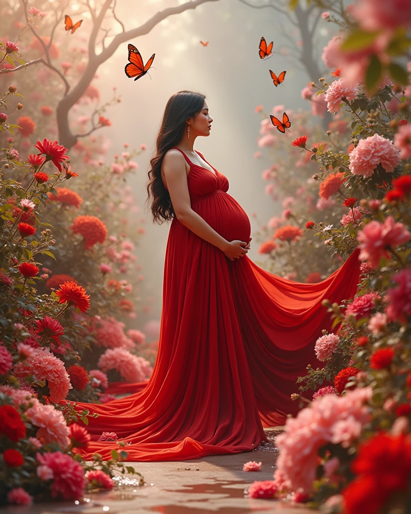 pregnant woman in red dress surrounded by flowers and butterflies, maternal photography 4 k, woman in flowers, full body photograph, in a red dream world, covered with flowers, full body photoshoot, full body portrait shot, full body wide shot, pregnant belly, thick dust and red tones, full body pose, girl in flowers, in red background, flowers and butterflies
