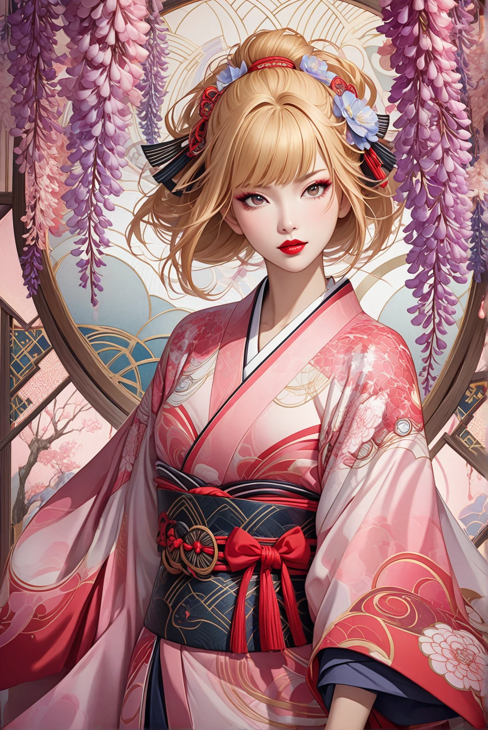 Create a surreal, yet lifelike artwork of a female samurai. The female samurai has lustrous skin, bold red lips, and golden hair in a traditional Japanese style composed of intricate colorful swirls and geometric patterns. She wears a white and pink kimono combining shades of pink, red, and white. The background is harmoniously decorated with an abundance of wisteria flowers and circular motifs reflecting Art Nouveau influences. The overall composition should be dreamy, bold, and richly detailed capturing the essence of artistic elegance.