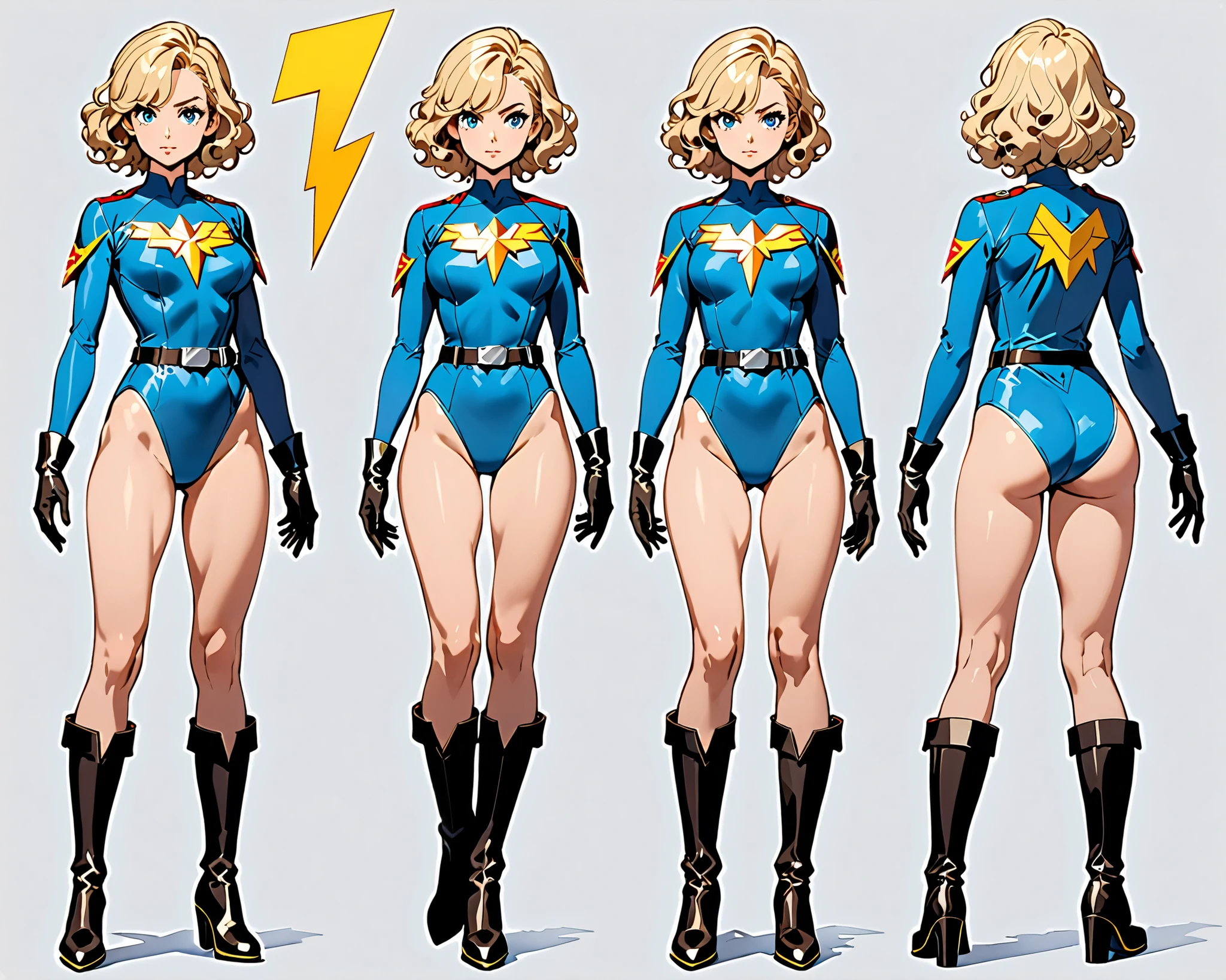 masterpiece, best quality, hires, 1girl, finger proportions coordination, medium breasts, ((leotard, light blue leotard, lighting bolt \(emblem\) on chest)), long sleeves, (bare legs), ((fastened tight belt)), black boots, matching boots, black gloves, solo, single, standing, superhero, beautiful detailed eyes, beautiful detailed face, blonde hair, (short hair), wavy hair, mature lady, teacher, perfect body. Simple background, Multiple Views, Character Sheet Full-Length.
