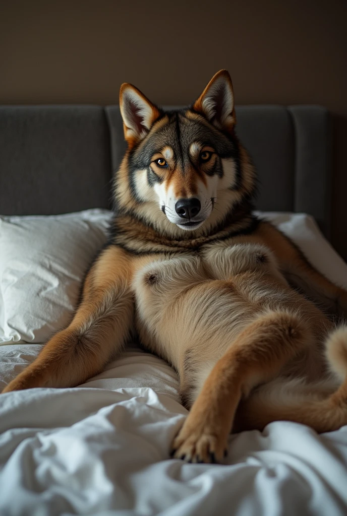 There is one adult character on this picture. The character is a slender male grey wolf, grey fur, slender character, slender, yellow eyes, barefoot, digitigrade, paws, black pawpads, wolf hands, black claws, wolf tail, topless, male bare chested, bare chest male, black nipples, black areolas, visible sheath, sheath, fully sheathed, visible balls, balls, visible testicles, testicles, ass, butt, nude, naked, nsfw. The scene takes place on a bedroom. Bedroom with a plants on it. Night. The character is lying on a bed, looking at the viewer. Seductive expression. Flirting. Seductive. POV. The character wants to hug the viewer. Fullbody. Full body.