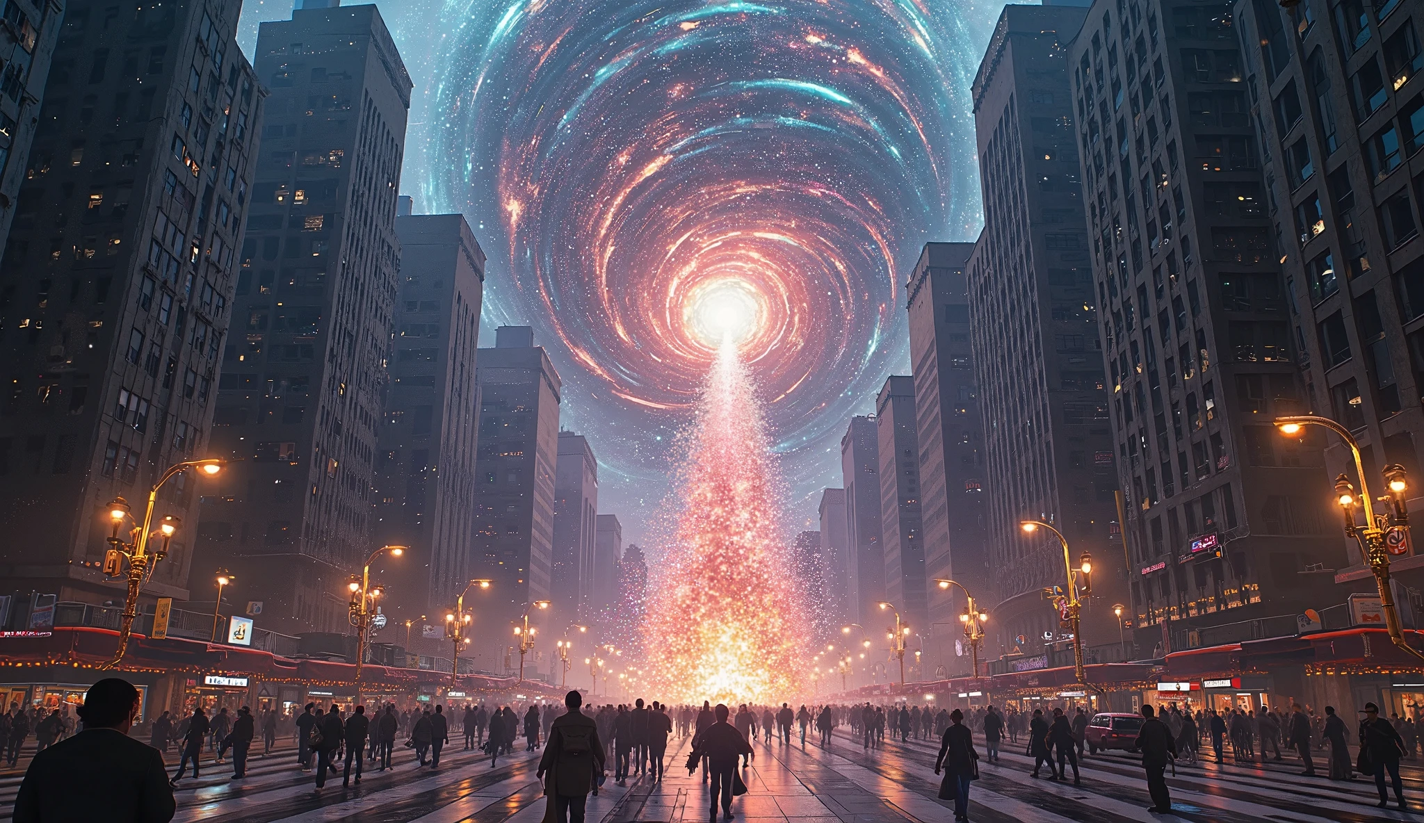A dimensional collapse is seen in the center of the city, Galaxies and Falling Stars HD.