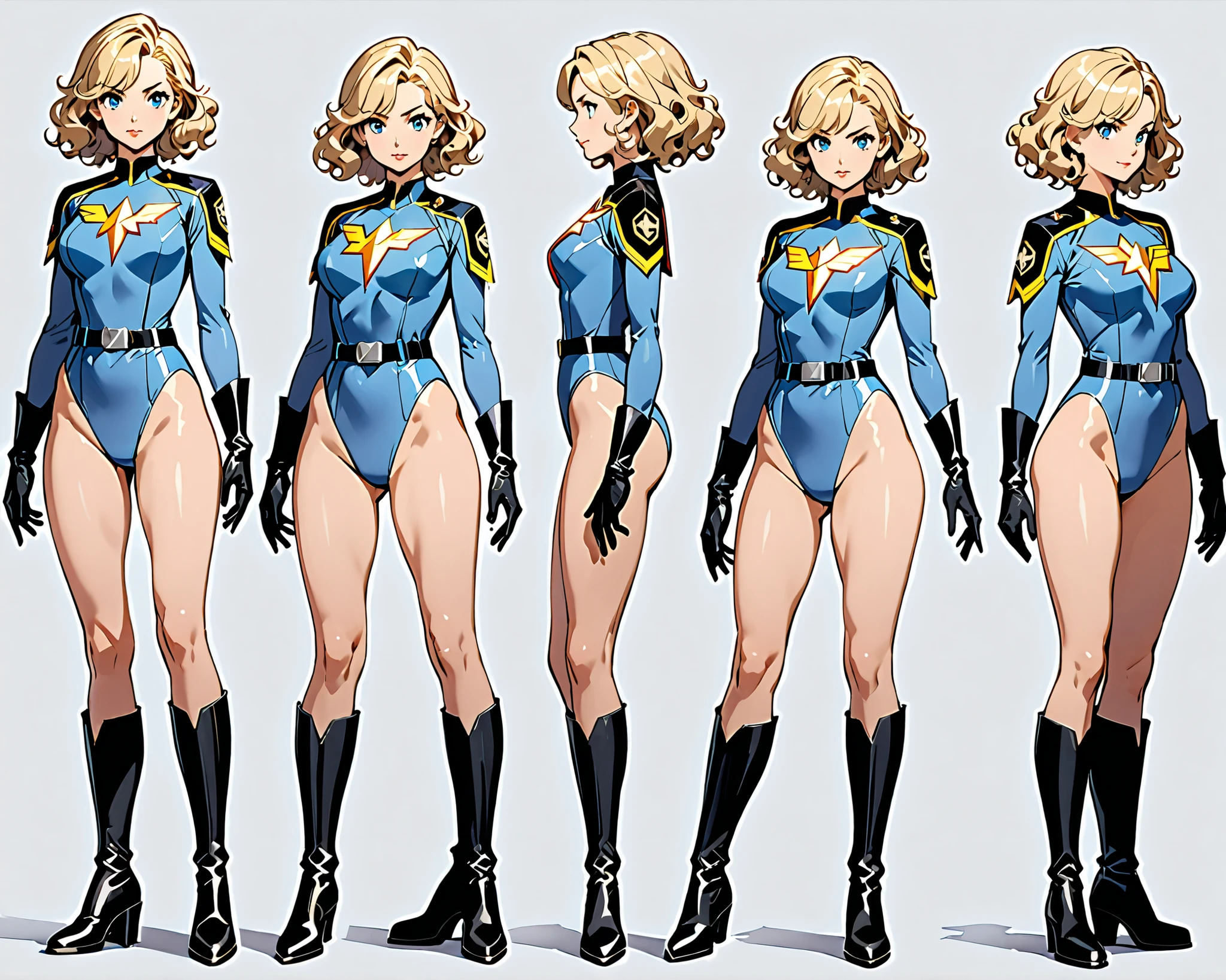 masterpiece, best quality, high res, 1girl, finger proportions coordination, (equal height), standard breasts, ((leotard, light blue leotard, lighting bolt \(emblem\) on chest, black fastened tight belt)), (black long sleeves), (bare legs), (black boots, matching boots, black gloves), solo, standing, superhero, beautiful detailed eyes, beautiful detailed face, blonde hair, (short hair), wavy hair, mature lady, teacher, perfect anatomy, simple background, (multiple views of the same character, character sheet full-length).
