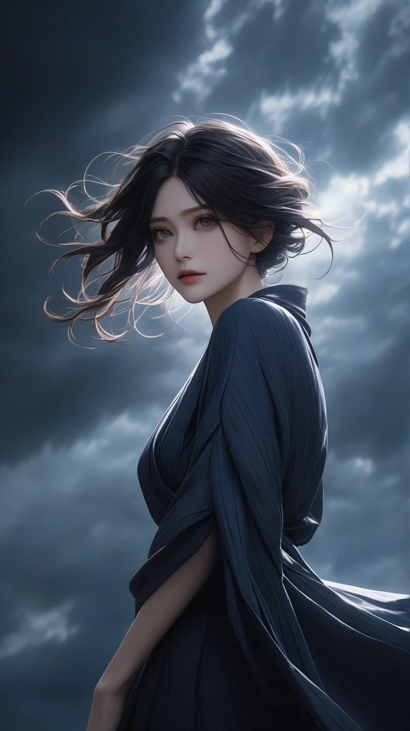 (Best, highest quality, final resolution, high resolution, photorealistic, raw photo, infinitely detailed CG integrated 8k wallpaper) Aspect ratio 9:16
beautiful Japanese woman
"A breathtakingly beautiful Japanese woman in a hyper-realistic style, with porcelain skin, almond-shaped dark brown eyes, and long flowing black hair with subtle blue highlights. She is wearing a modern, sheer kimono-inspired dress that flutters in the wind. Captured in a low-angle, dramatic cinematic shot — the camera looks up at her against a stormy twilight sky. Her expression is calm yet powerful, like a goddess descending to Earth. The lighting is moody and atmospheric, with glowing accents reflecting off her silky skin. Realistic textures, dynamic composition, bold and elegant, Instagram-viral visual impact."