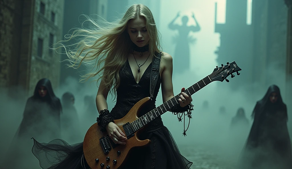 A gothic 2 girl with blonde hair playing guitar in a heavy metal show