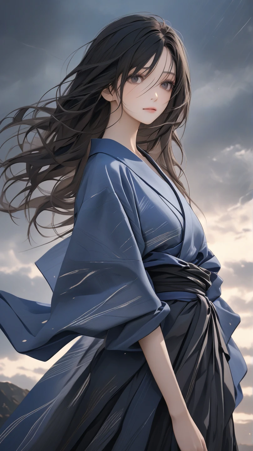 (Best, highest quality, final resolution, high resolution, photorealistic, raw photo, infinitely detailed CG integrated 8k wallpaper) Aspect ratio 9:16
 beautiful Japanese woman
"A breathtakingly beautiful Japanese woman in a hyper-realistic style, with porcelain skin, almond-shaped dark brown eyes, and long flowing black hair with subtle blue highlights. She is wearing a modern, sheer kimono-inspired dress that flutters in the wind. Captured in a low-angle, dramatic cinematic shot — the camera looks up at her against a stormy twilight sky. Her expression is calm yet powerful, like a goddess descending to Earth. The lighting is moody and atmospheric, with glowing accents reflecting off her silky skin. Realistic textures, dynamic composition, bold and elegant, Instagram-viral visual impact."