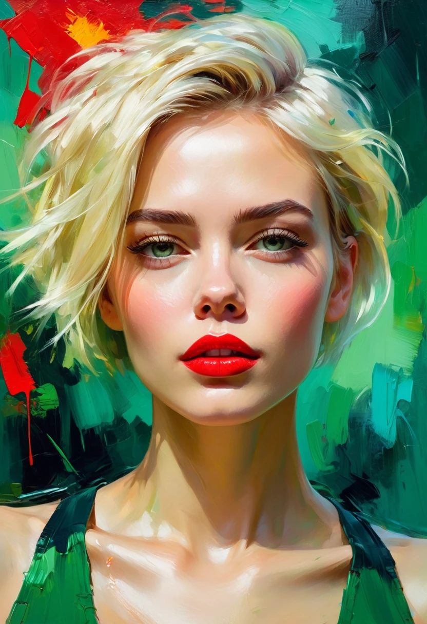 A beautiful woman with a green background, short blonde hair, messy hair, full red lips, bright colors, colorful brushstrokes, oil painting style, expressive, abstract, high-level, full of emotions, mysterious lighting, dramatic, and deep sadness.
