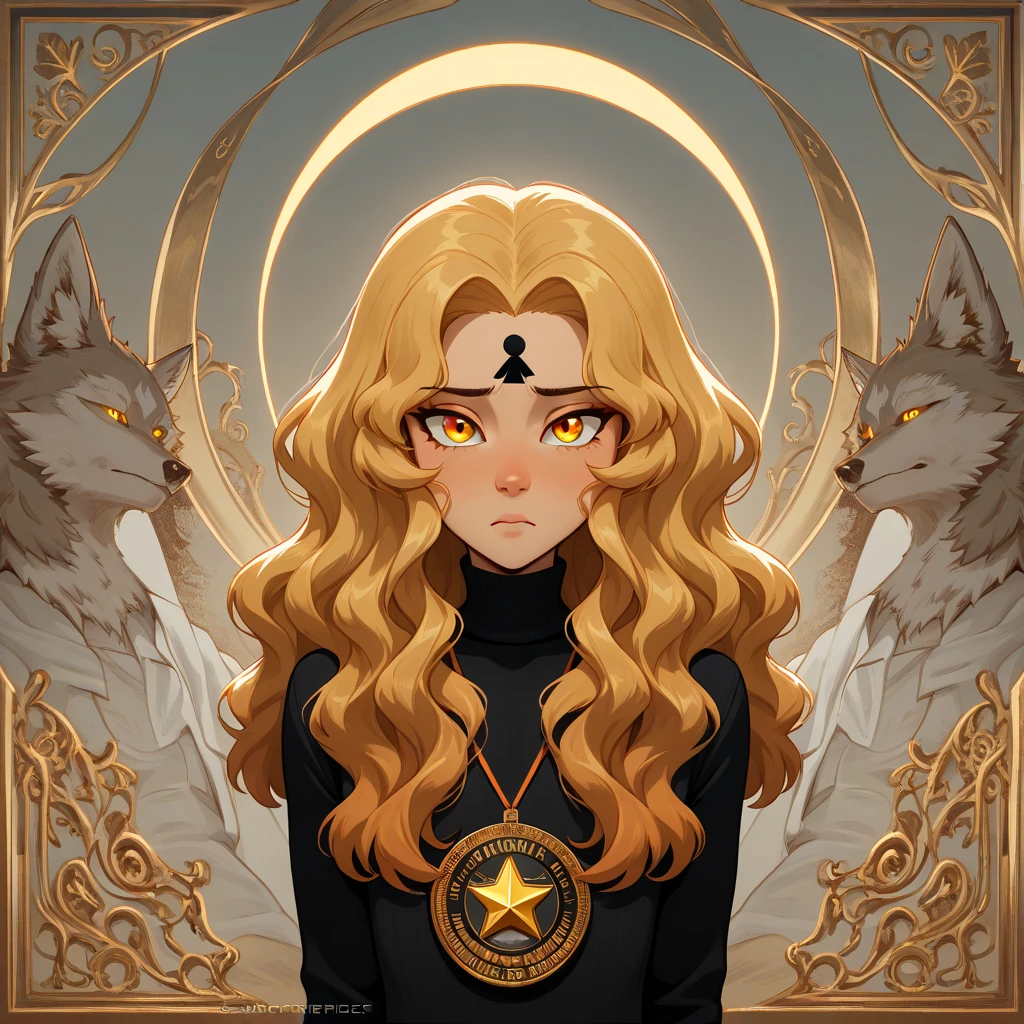 age boy, blond wavy hair, bangs covering his forehead in an M shape, honey-colored eyes, black turtleneck, moon wolf, high resolution, mastperiece, anatomically correct, best quality, award winning