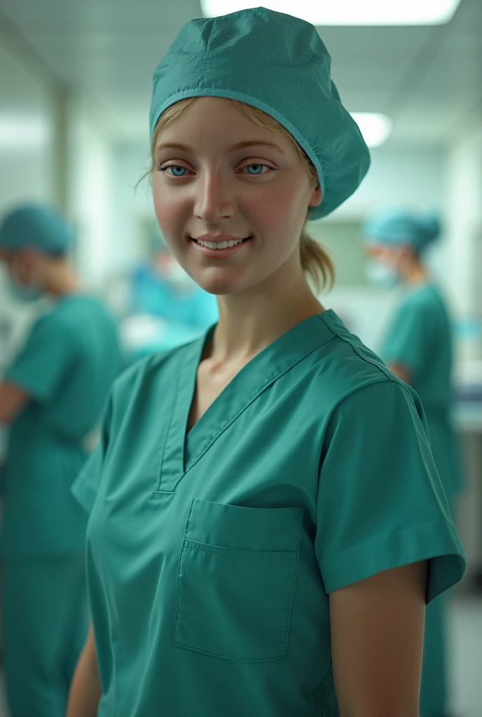 Ultra realistic, Cinematic, team of 3 surgical nurses, 3 swedish teeanger girls, blonde hair all girls standing, working in surgery, 17 years old,  body, pale skin, beautiful face, big smile, detailed face, ultra soft and ultra light slight small teal women hospital scrubs, teal hospital scrubs, wide angle showing full body,  hospital ward, people, bokeh, short hair tied up as hair bun / Chignon
