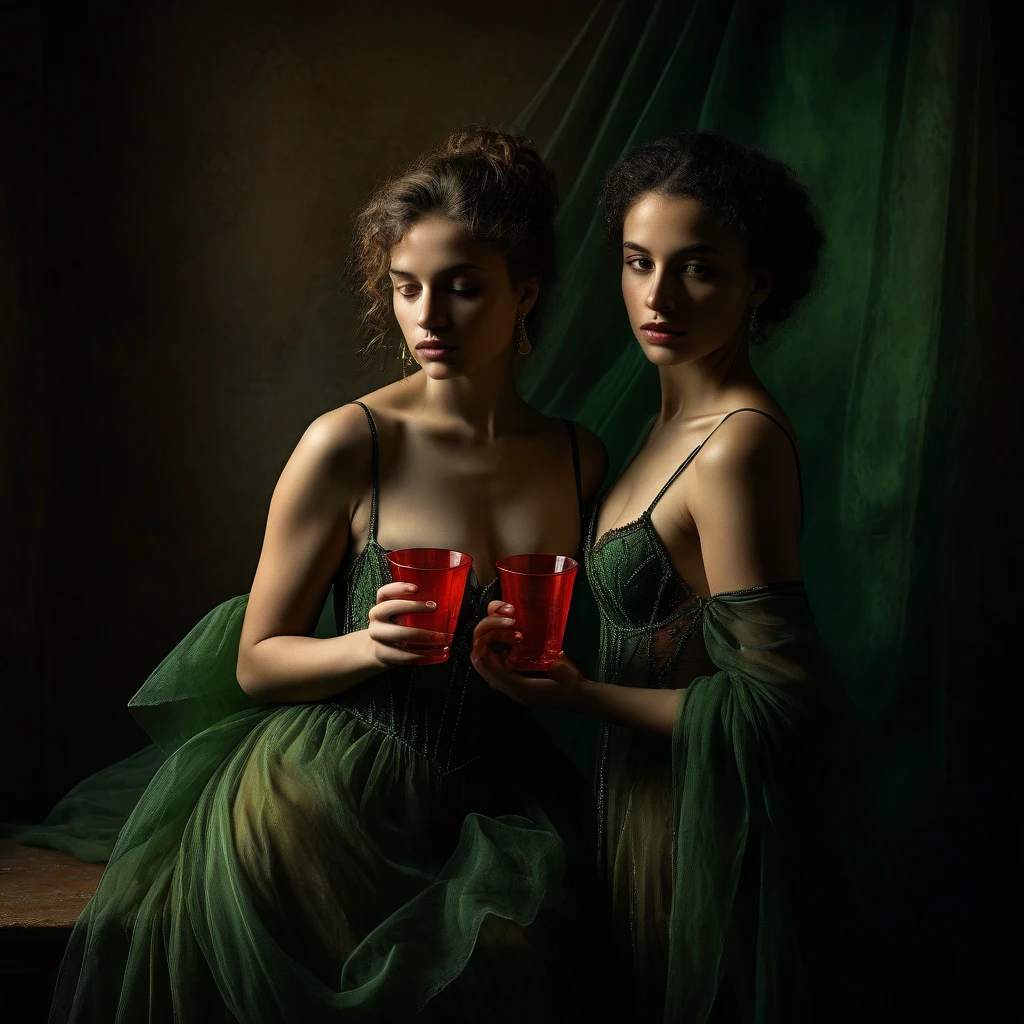 In a captivating exhibition of classical Italian art, two mature friends of stunning beauty, with a splendid figure and fair complexion, They protect each other, they dress in two pieces of transparent fabrics that reveal their voluptuous curves. Broken clothes covered by transparent red and green cups, they reveal a deep cleavage, This exquisite portrait, similar to a Jan Saudek Style Photograph, show the attractive features of women with grace and charm. The background in a warm colored bedroom interior , ochre and green . Detailed brushstrokes enhance the delicate textures of her attire and the softness of her skin, creating a fascinating, high-quality image, timeless and captivating. The combination of realistic textures with dreamlike elements creates a sense of mystery, transcendence and an invitation to travel into the unknown and create a visual masterpiece of great quality and captivating beauty, In a warm inner world of dreams, and with many details, magical realism, Canon eos 5d mark 4 , lighting by Rembrandt. (dark realism 0,5 stat 1 int 1)
