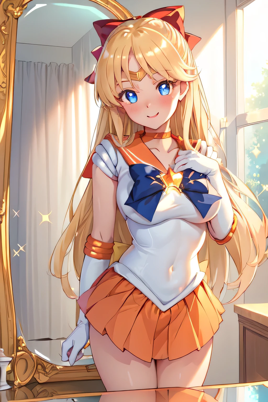 a girl in reflected mirror:1.5, sv1, venus_a, sailor senshi uniform, tiara, orange sailor collar, red bow, orange choker, orange skirt, elbow gloves, close-up portrait with direct gaze, blue eyes, vertical narrow eyes:1.4, face to viewer, cheerful smile, reflection, bedroom, (ultra-detailed, masterpiece, semi realistic, high quality, 8K), blonde hair, long hair, (reflection on glossy mirror:1.2), navy bow on large breast, bright cheerful smile, sparkling eyes, teasing expression, confident and playful gaze, charming and energetic vibe, (vivid facial expression), (anime-style sparkle), soft blush, glowing eyes, joyful aura