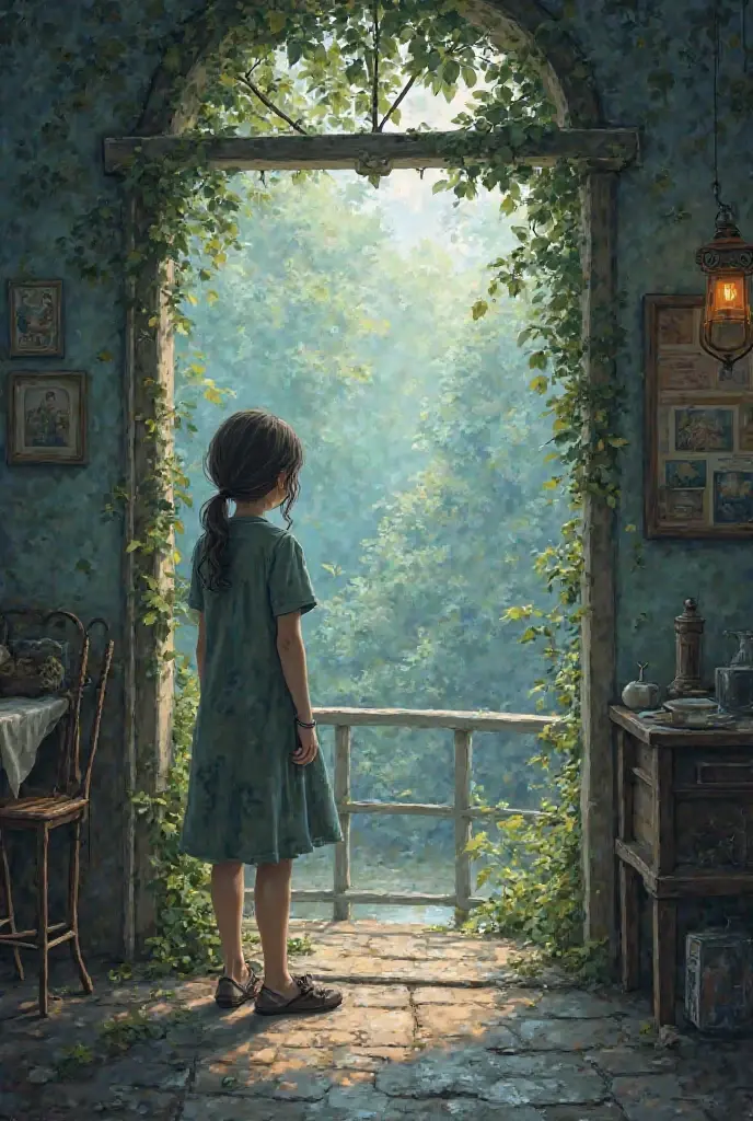 Photo realistic young girl looking  through her bedroom window at a courtyard With a statue fountain, and a ghostly figure staring back at her 