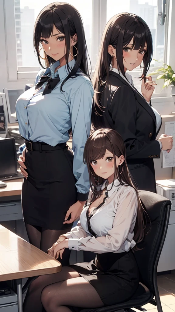 A 35-year-old married woman with long hair、She works with a lewd expression on her face while surrounded by the penises of several male employees.。Only the chest of the uniform is open.、Breasts are exposed。Her legs are covered in bran pantyhose.、There&#39;s semen on it　Bewitching smile　Large Breasts