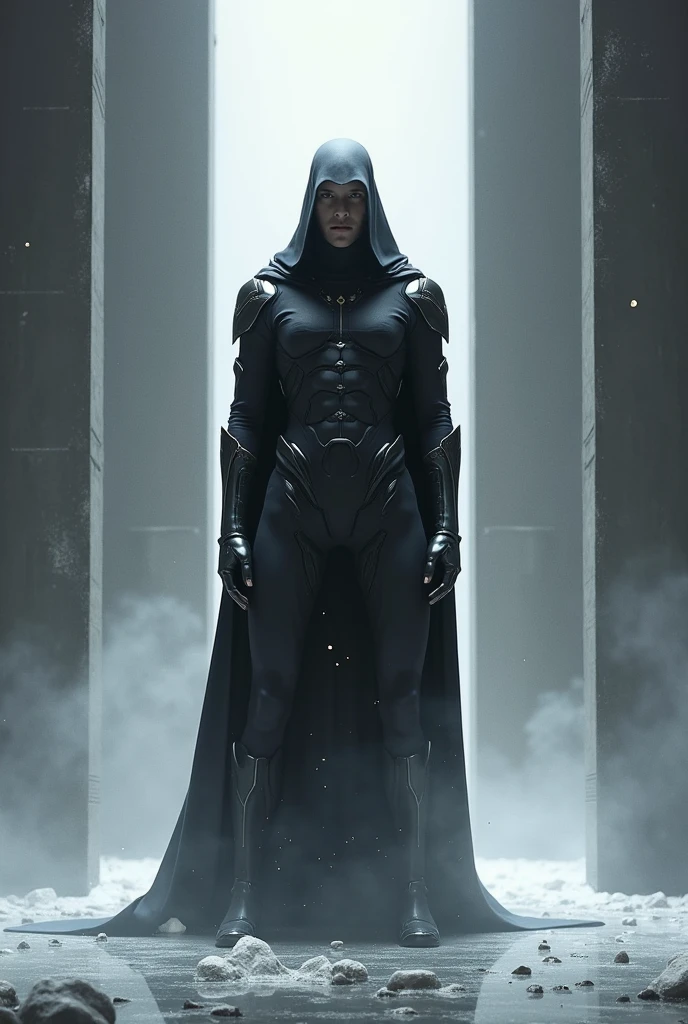 1man, american, black hooded half mask, metallic upside down triangle symbol, black tech suit with metal accents, bare forearms, black cape, black boots, dark aura, silver ulitlity belt, smoke background