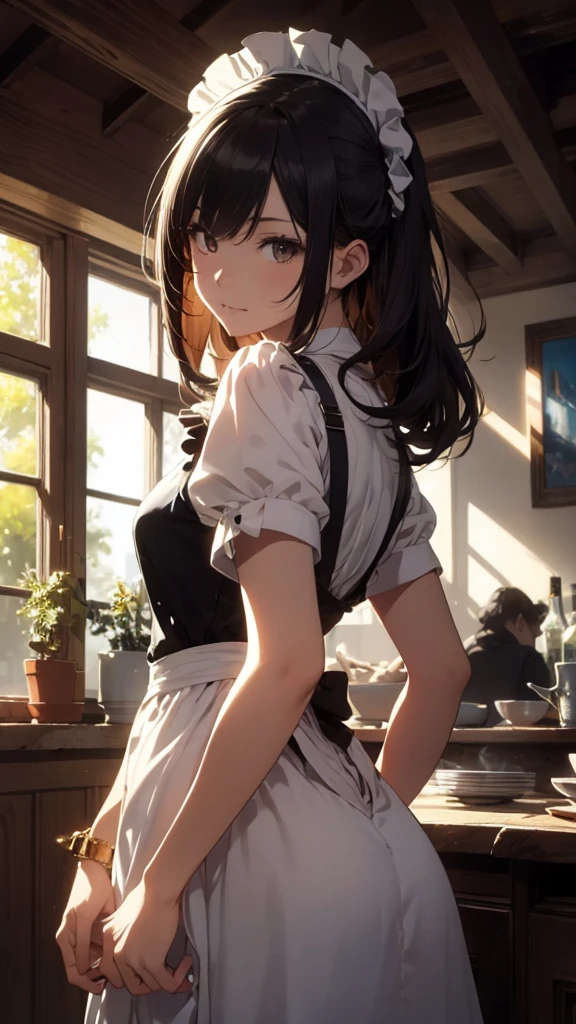 最好质量、1girl in、maid、garterbelts、sora、colorful strands of hair、a cute 、Lustrous skin、24 years old、Shines、High contrast、Tempting、Sensual milf, Serving customers at a café, big tit、White blouse、Black skirt、Sleeveless、Beautiful thighs、White headband、short-cut、A low-angle、backshots