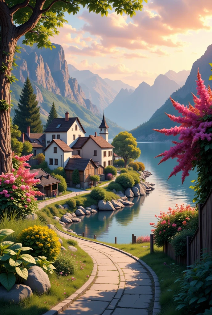 A small town by the river, Mountains in the background, Colorful flowers, Detailed landscape, Beautiful Natural Scenery, Atmospheric lighting, blazing sunset,  warm color , Practical and Photographically Practical, Detailed leaves, Complex buildings , Gravel path , charming country house, Swirling Brilliant Colors, lush greenery, quiet water reflection