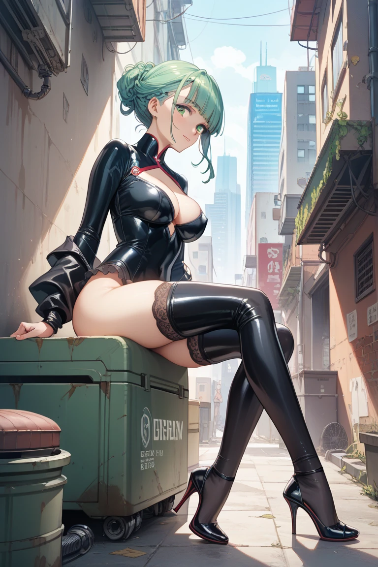 anime girl with green hair and black dress, an anime drawing by Shitao, pixiv, fantasy art, top rated on pixiv, at pixiv, tatsumaki from one punch man, beautiful anime girl,jack-O' challenge pose, bending over, seductive anime girl, the anime girl is crouching, tatsumaki