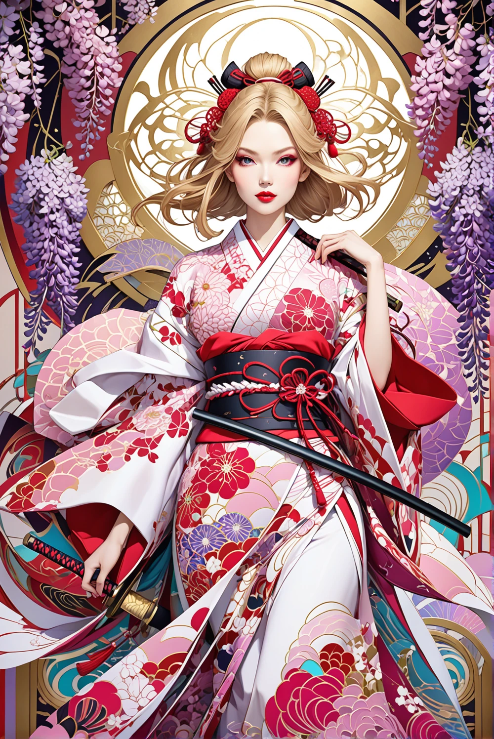 Create a surreal, yet lifelike artwork of a female samurai. The female samurai has lustrous skin, bold red lips, and golden hair in a traditional Japanese style composed of intricate colorful swirls and geometric patterns. She wears a white and pink kimono combining shades of pink, red, and white. The background is harmoniously decorated with an abundance of wisteria flowers and circular motifs reflecting Art Nouveau influences. The overall composition should be dreamy, bold, and richly detailed capturing the essence of artistic elegance.