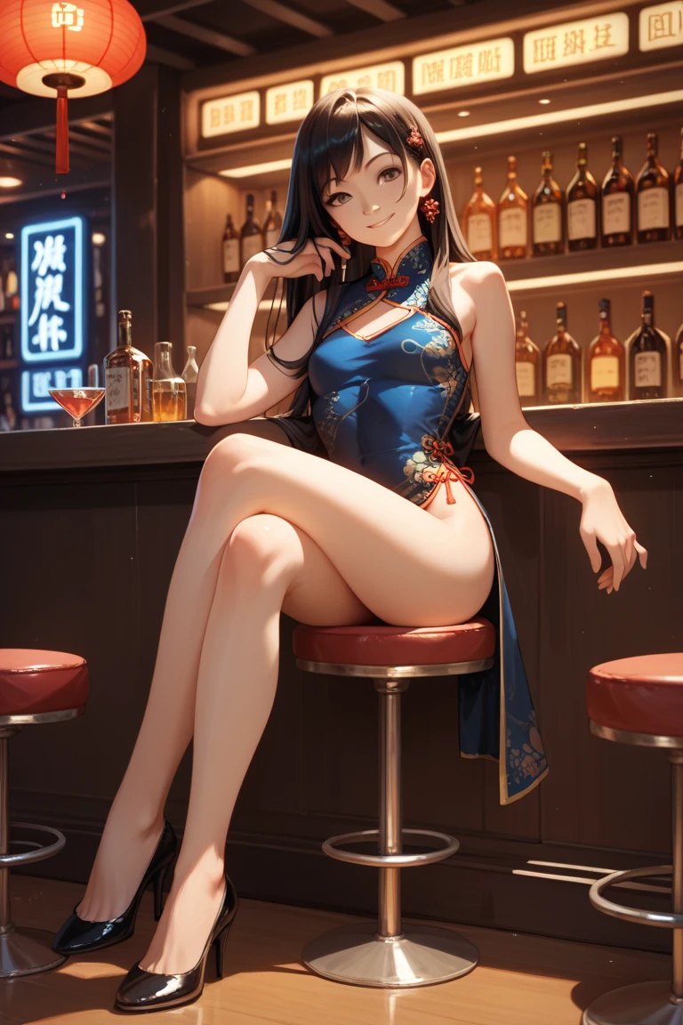 a 20 yo woman、Black blue Hair、Twin-tailed、Big smile、(hi-top fade:1.3)、dark themed、Muted Tones、Subdued Color、highly contrast、(natural skin textures、Hyper-Realism、Soft light、sharp)、(Official art、Best Quality、Unity 8k Wallpapers、32K、​masterpiece、ultra-detailliert、超A high resolution、realisitic、Photorealsitic:1.2)、(Cinematic lighting:1.2)、Fireglow effect、film grains、Best Shadows、Rim lighting、side lights、sideshot、(Ultra-detailed and complex 3D rendering)、Detailed beautiful face and eyes、A slender、Medium bust、(Full body:1.2)、 Highly detailed background、Chinese Restaurant、beauitful face、blurry backround、a beauty girl、(super detailed skin、detailed skin textures:1.3)、Black hair、short-hair、braided ponytails、Blue eyes、Red cheongsam with gold thread embroidery、Wearing high heels、Floral hair ornament、Gentle smile、(thighs thighs thighs thighs:0.9)、(kung fu pose:1.2)、