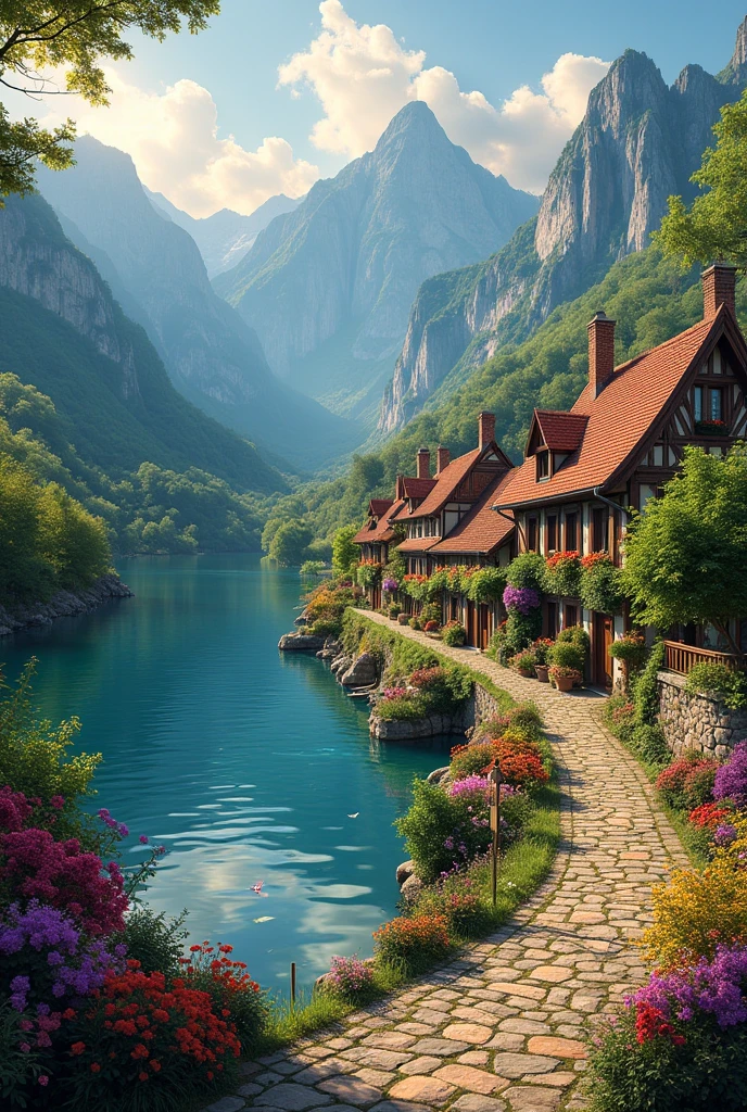 A small village by the river, mountains in the background, colorful flowers, detailed landscape style, beautiful natural scenery, atmospheric lighting,  scorching sunset ,  warm colors, practical, photographic, detailed foliage, complex buildings , cobblestone street, charming country house, vibrant colors, lush vegetation, reflections in the water, pitoresco, idyllic, work of art, Best Quality, 8k, extremely detailed, anime style