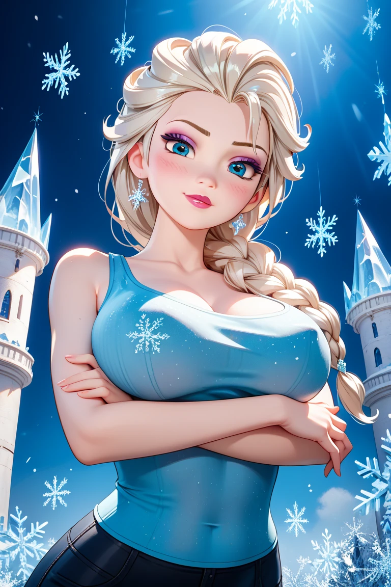 WITHTH YOUR BACK TO THE CAMERA,((ultra quality)), ((masterpiece)), (((best quality, highly detailed ))) highly detailed, score_9, score_8_up, score_7_up, score_6_up,source_Anime,BREAK, elsa, 1girl, elsa (frozen), (Beautiful face), (beautiful female lips), solo, blue eyes, blonde hair, long hair, bending over, makeup, freckles, smile, lipstick, bare shoulders, white dress, (((extremely large breasts)), half body,looking to the sky, ((large cleavage)), s, (beautiful female hands), ((ideal female figure)), ideal female body, beautiful waist, gorgeous thighs, beautiful huge breasts, thick thighs, wide hips, forest, single, solo, smile, closed mouth, half opened eyes, blush, elsa, looking at viewer, cowboy shot