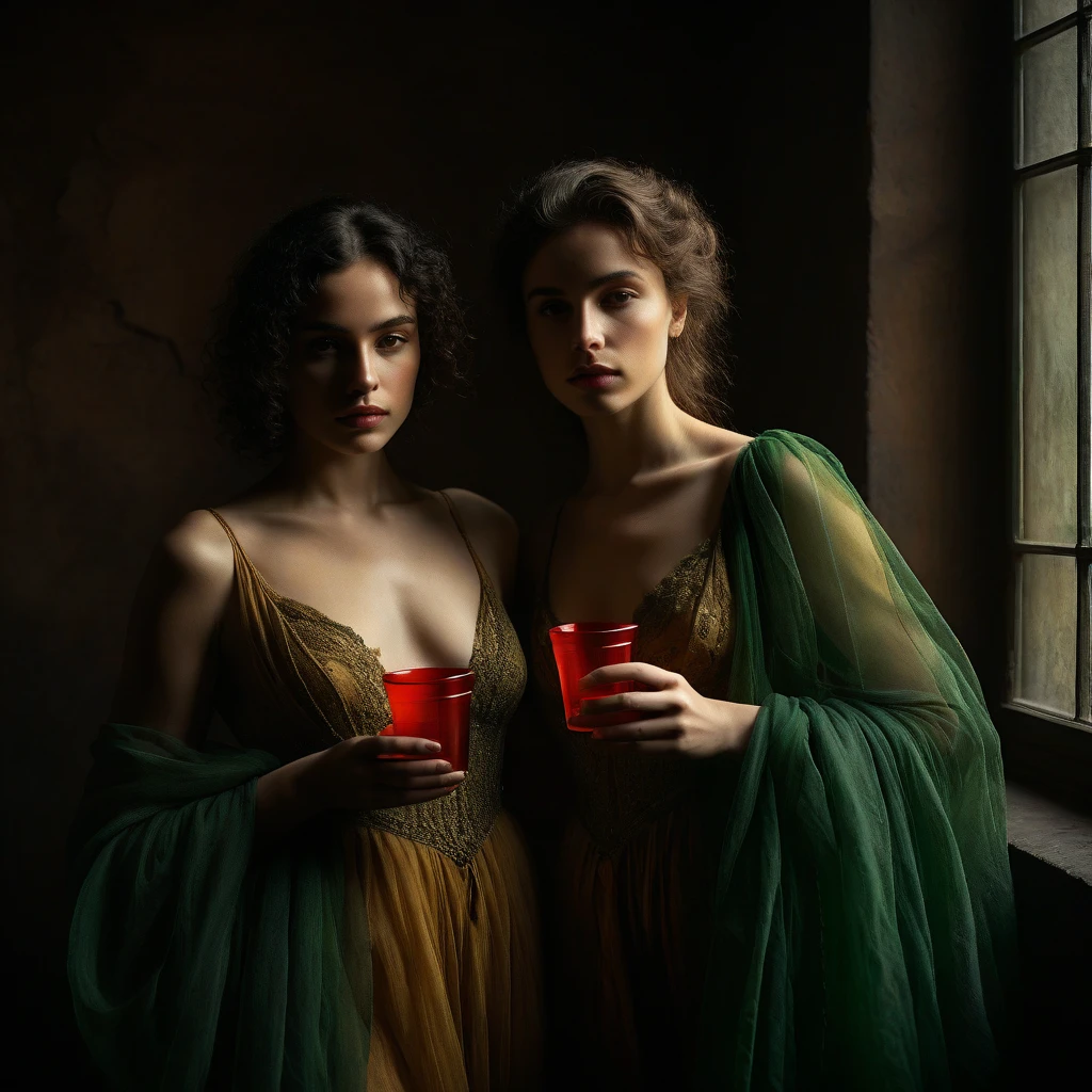 In a captivating exhibition of classical Italian art, two mature friends of stunning beauty, with a splendid figure and fair complexion, They embrace each other, they dress with two pieces of transparent fabrics that reveal their voluptuous curves. Broken clothes covered by transparent red and green cups, they reveal a deep cleavage, This exquisite portrait, similar to a Jan Saudek Style Photograph, show the attractive features of women with grace and charm. The background in a warm colored bedroom interior , ochre and green . Detailed brushstrokes enhance the delicate textures of her attire and the softness of her skin, creating a fascinating, high-quality image, timeless and captivating. The combination of realistic textures with dreamlike elements creates a sense of mystery, transcendence and an invitation to travel into the unknown and create a visual masterpiece of great quality and captivating beauty, In a warm inner world of dreams, and with many details, magical realism, Canon eos 5d mark 4 , lighting by Rembrandt. (dark realism 0,5 stat 1 int 1)