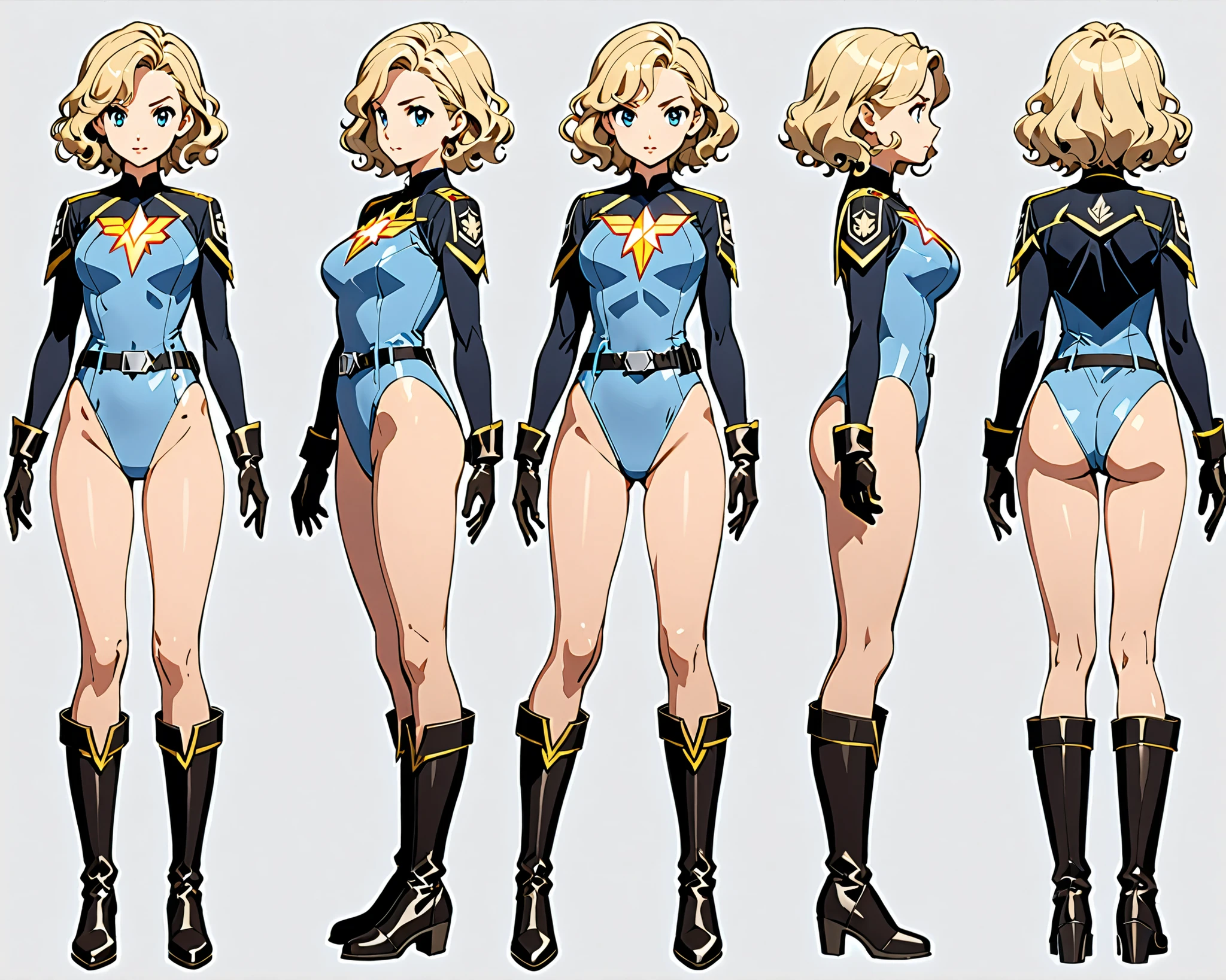 masterpiece, best quality, high res, 1girl, finger proportions coordination, (equal height), standard breasts, ((leotard, light blue leotard, lighting bolt \(emblem\) on chest, black fastened tight belt)), (black long sleeves), (bare legs), (black boots, matching boots, black gloves), solo, standing, superhero, beautiful detailed eyes, beautiful detailed face, blonde hair, (short hair), wavy hair, mature lady, teacher, perfect anatomy, simple background, (multiple views of the same character, turnaround, model sheet, character sheet full-length).