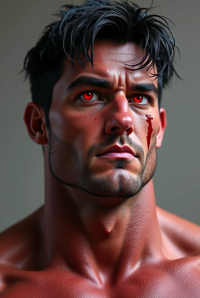 score_9, score_8_above, (1man), A naked muscle male, mature male, footballer body type, sorcerer, sorcerer clothing, blood moon, red blood moon, magic power, Handsome face, eyes with brightness, The man looks confident and determined, crew cut, Stars dot the sky, night sky looks sinister and dangerous, blood red night sky, evil-looking but attractive man,