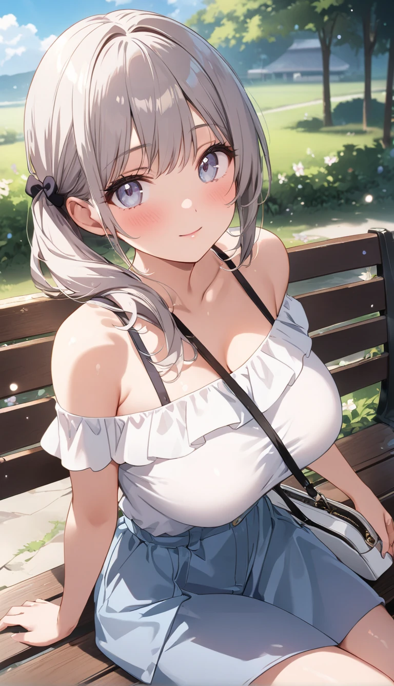 (8K, Highest Quality, Masterpiece: 1.3)), Ultra High Resolution, (1 Girl, 1 Person), (Color Changing Eyes, Super Detailed, Expressive Sparkle, Sparkling, Glowing Eyes), Highly Detailed Eyes, Highly Detailed Face, Random Hair, (Silver-Grey Color), (Sitting with Knees Up on a bench, spread legs),A woman with her top open to reveal her cleavage and bra. The background is a spring park with cherry blossom trees in full bloom and pink petals falling. Sitting on a bench, a beautiful landscape unfolds behind her, creating a serene atmosphere. The woman's hair is silver and glows softly in the spring sunlight. She is wearing a pale pink cardigan, but her top is slightly open, revealing her white lace bra and cleavage. The angle is set to look down from above, and we can see that her cheeks are lightly flushed and she is smiling shyly. Her eyes are shining with hope and happiness, and the whole scene is enveloped in the soft spring light.