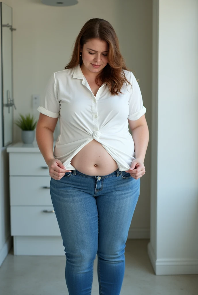 a pregnant woman in jeans and a white shirt posing for a picture, pregnant belly, belly exposed, her belly is fat and round, visible belly, pregnant, belly, she has a jiggly fat round belly, her belly button is exposed, close up half body shot, bouncy belly, open belly, belly button showing, sie boob, big belly, maternity feeling