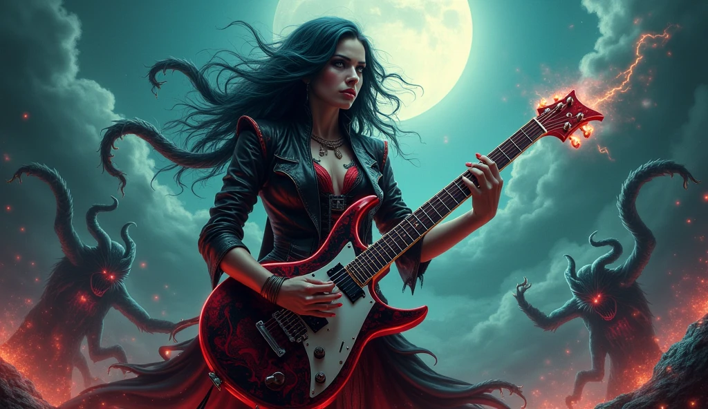 painting of a woman with a guitar and a dragon, arte de fundo, Album art, arte detalhada da capa, airbrush digital art, arte em heavy metal, estilo de arte heavy metal, stylized digital illustration, menina do rock sonhadora, arte digital fantasia, Gothic fantasy art, arte digital aetherpunk airbrush, airbrush digital oil painting, arte digital de fantasia, arte da capa