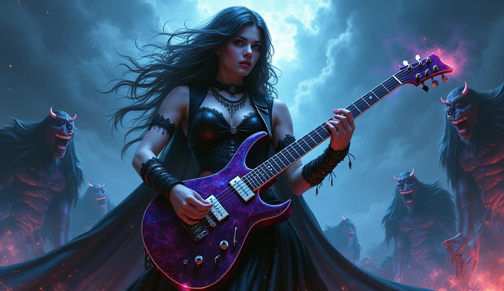 mystical woman, playing a heavy metal electric guitar, is surrounded by an atmosphere of gothic music and fantasy demons, creating a unique sound, that takes listeners to new heights.